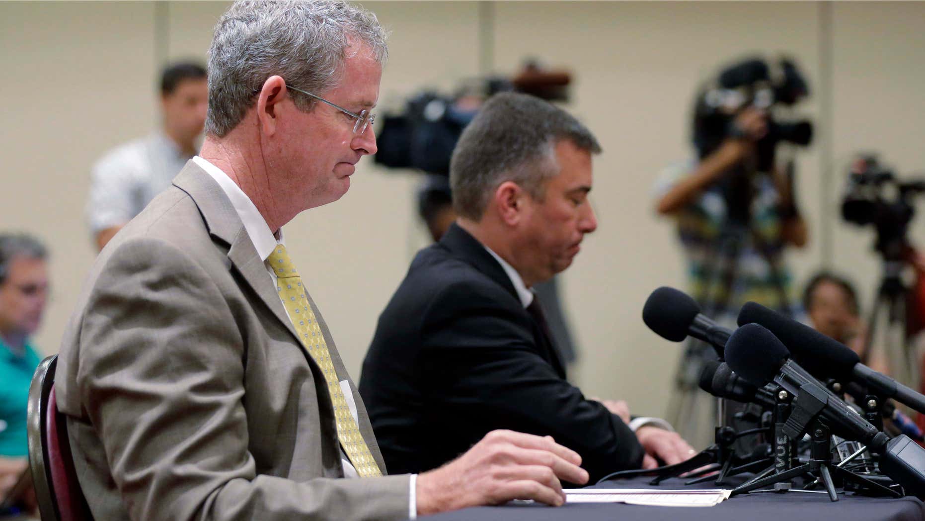 Sept. 9, 2015: Northside Independent School District Athletic Director Stan Laing, left, and superintendent Brian Woods, right, address an emergency meeting of the University Interscholastic League (UIL) State Executive Committee in Round Rock, Texas.