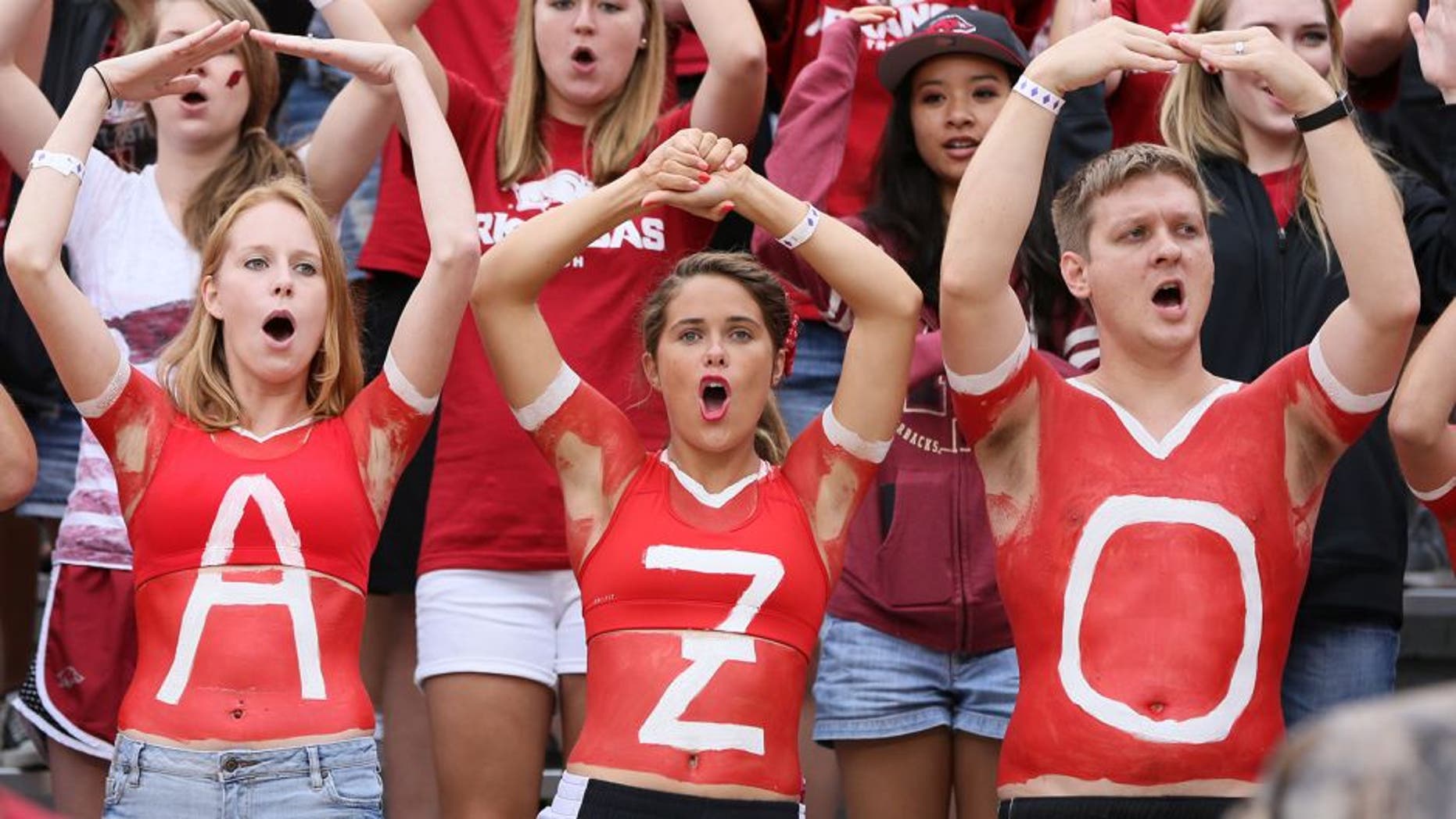 Sep 6, 2014; Fayetteville, AR, USA; Arkansas Razorbacks fans prior to the game against the Nicholls State Colonels at Donald W. Reynolds Razorback Stadium. Mandatory Credit: Nelson Chenault-USA TODAY Sports