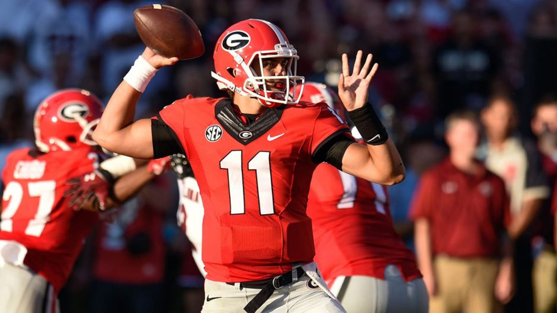 Sep 19, 2015; Athens, GA, USA; Georgia Bulldogs quarterback Greyson Lambert passes against the South Carolina Gamecocks during the first half at Sanford Stadium. Mandatory Credit: Dale Zanine-USA TODAY Sports