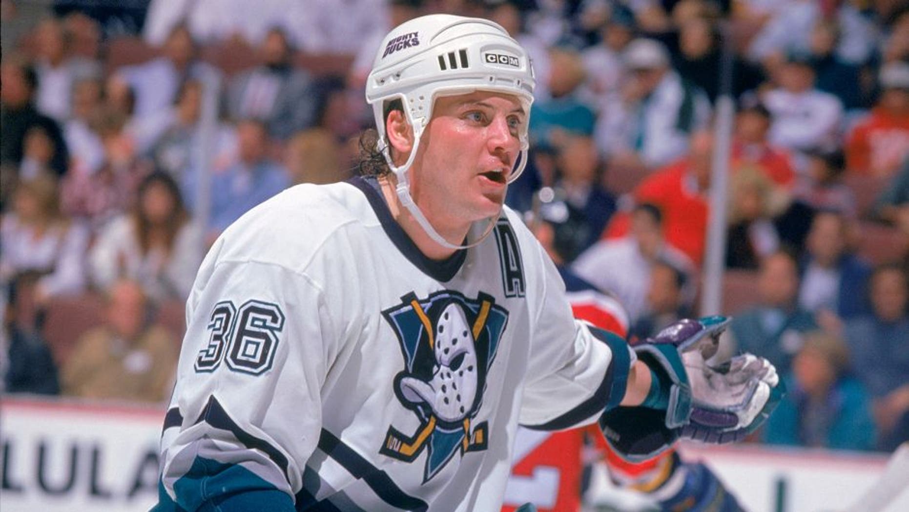 ANAHEIM, CA - DECEMBER 7: Todd Ewen #36 of the Mighty Ducks of Anaheim reacts during a game against the Florida Panthers at The Arrowhead Pond of Anaheim on December 7, 1993 in Anaheim, California. The Panthers won 3-2. (Photo by Al Bello/Getty Images) *** Local Caption *** Todd Ewen