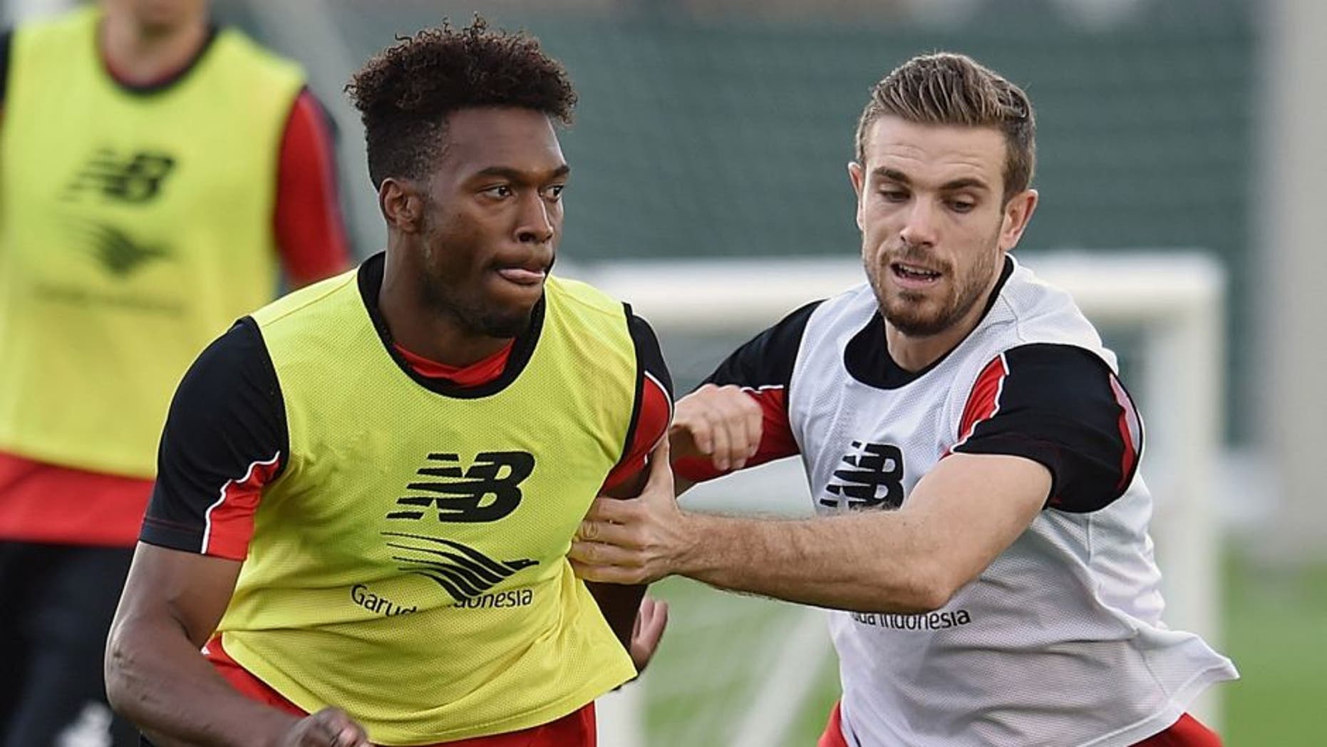 LIVERPOOL, ENGLAND - SEPTEMBER 18: (THE SUN OUT, THE SUN ON SUNDAY OUT) Daniel Sturridge and Jordan Henderson of Liverpool in action during a training session at Melwood Training Ground on September 18, 2015 in Liverpool, England. (Photo by Andrew Powell/Liverpool FC via Getty Images)