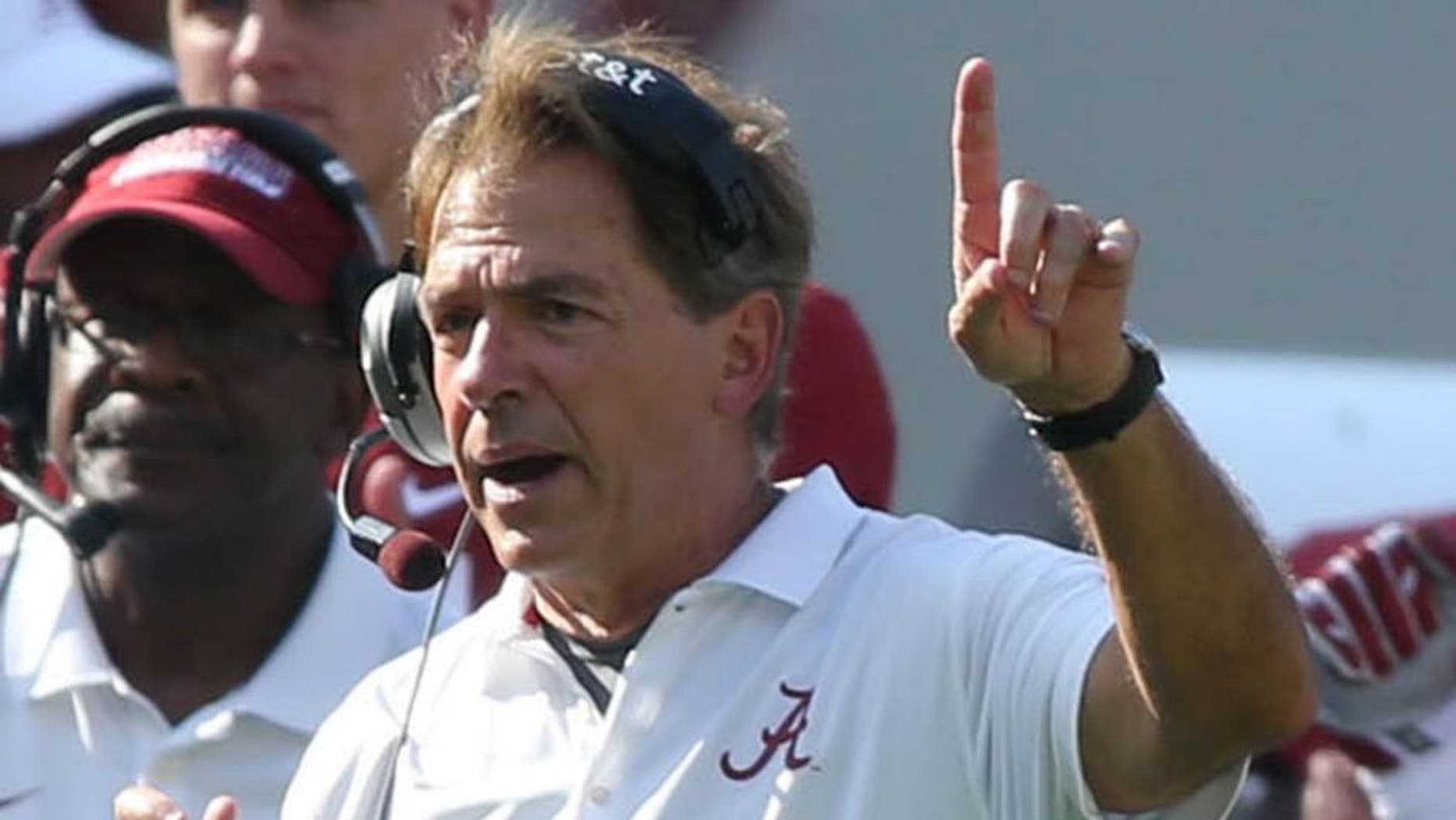Sep 20, 2014; Tuscaloosa, AL, USA; Alabama Crimson Tide coach Nick Saban reacts to the touchdown in the second quarter of their game against the Florida Gators at Bryant-Denny Stadium. Mandatory Credit: Jason Getz-USA TODAY Sports