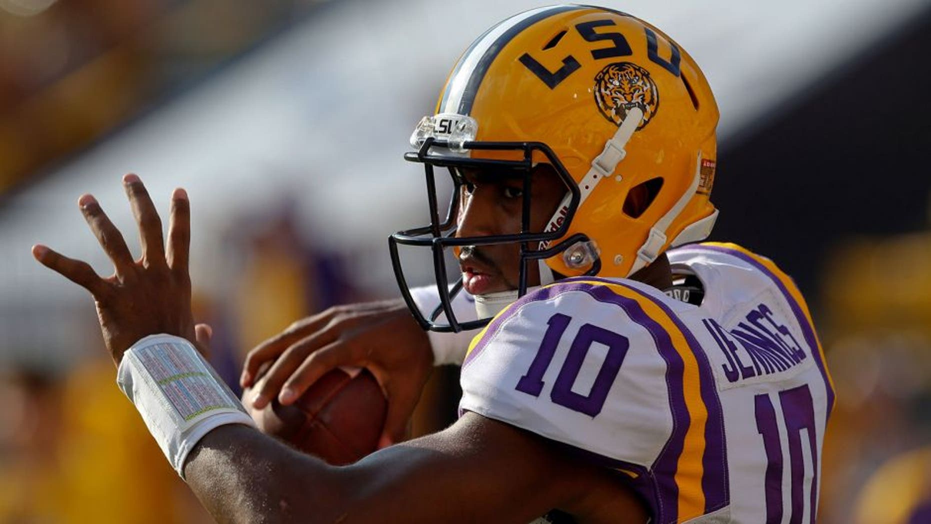 Sep 20, 2014; Baton Rouge, LA, USA; LSU Tigers quarterback Anthony Jennings (10) before a game against the Mississippi State Bulldogs at Tiger Stadium. Mandatory Credit: Derick E. Hingle-USA TODAY Sports