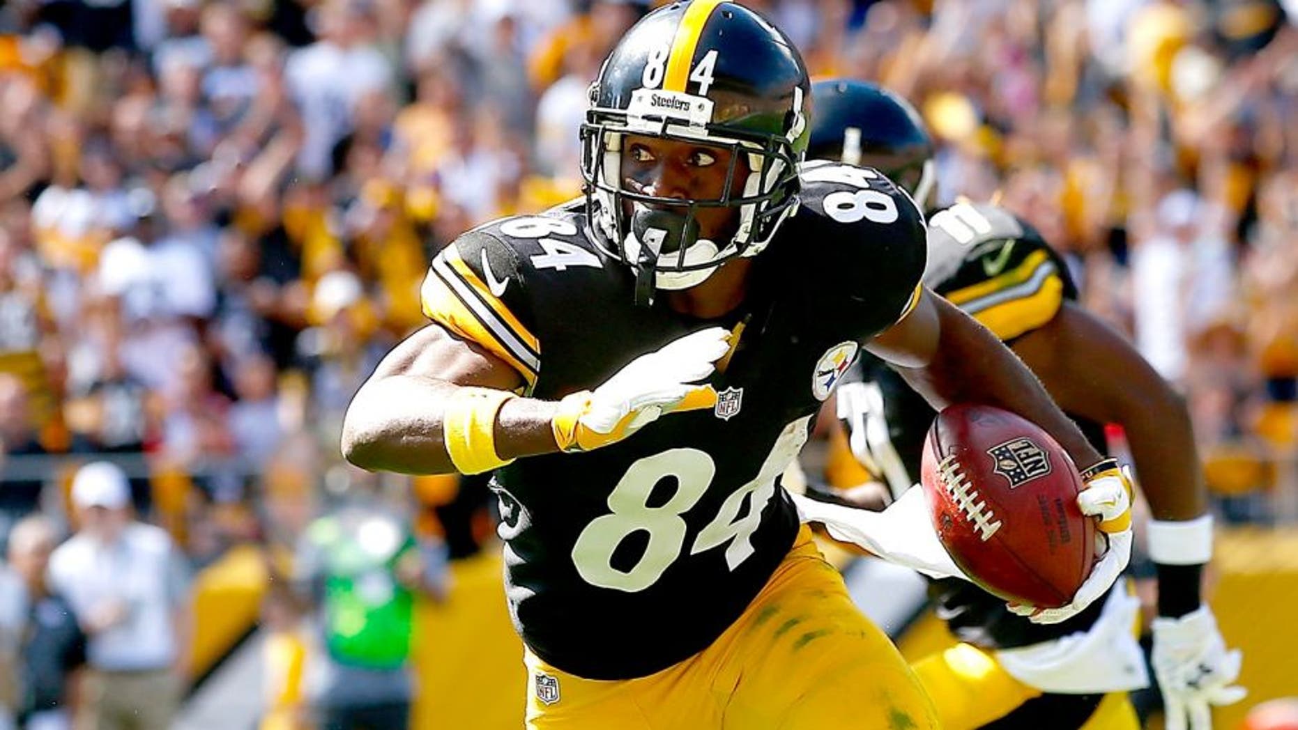PITTSBURGH, PA - SEPTEMBER 20: Antonio Brown #84 of the Pittsburgh Steelers runs with the ball following a 59 yard pass in the first quarter against the San Francisco 49ers during the game at Heinz Field on September 20, 2015 in Pittsburgh, Pennsylvania. (Photo by Jared Wickerham/Getty Images)