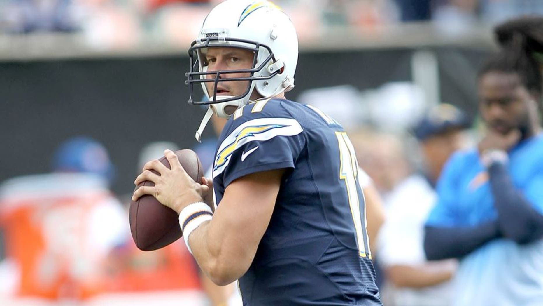 CINCINNATI, OH - SEPTEMBER 20: Philip Rivers #17 of the San Diego Chargers warms up prior to the game against the Cincinnati Bengals at Paul Brown Stadium on September 20, 2015 in Cincinnati, Ohio. (Photo by John Grieshop/Getty Images)