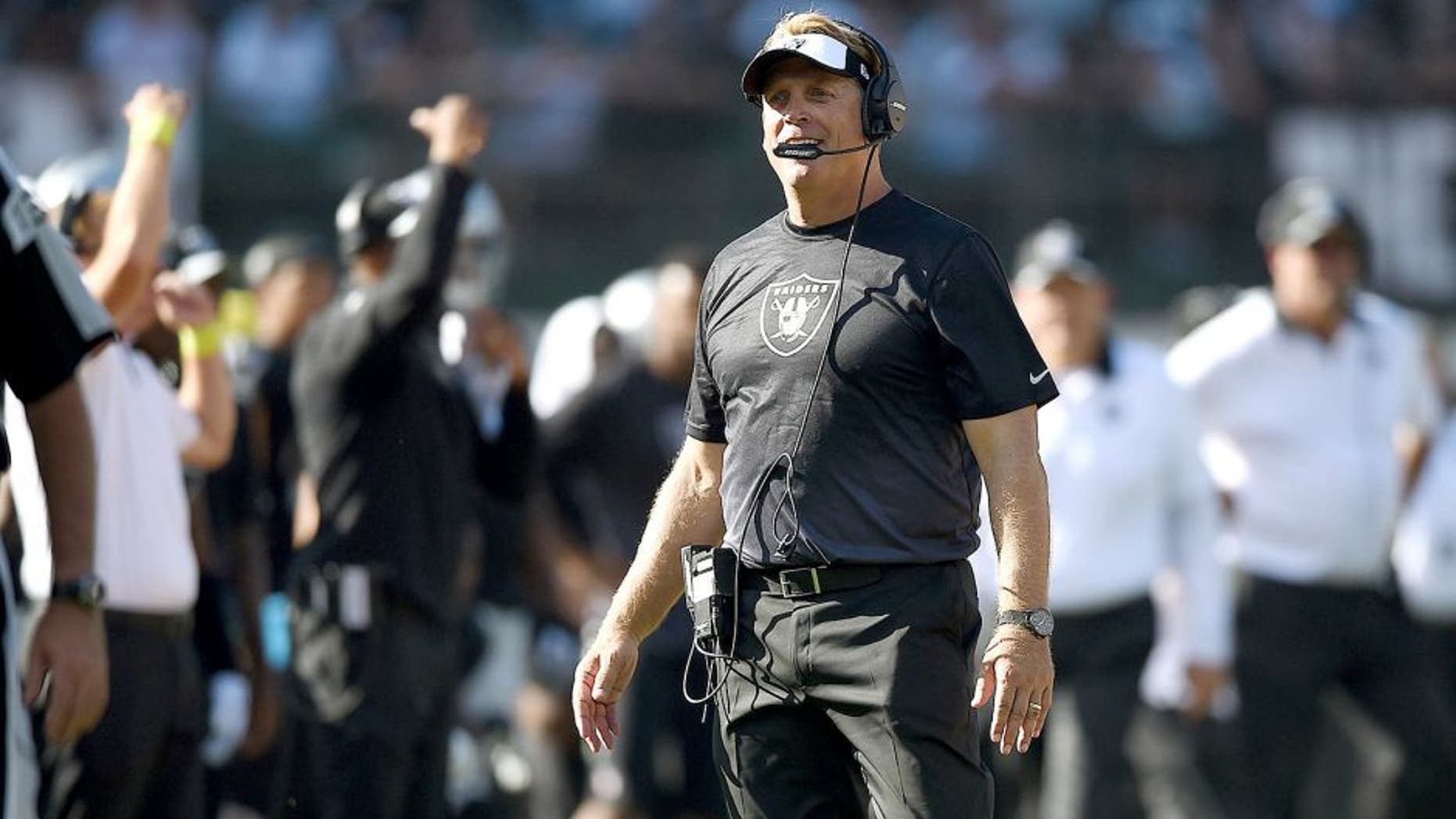 OAKLAND, CA - SEPTEMBER 20: head coach Jack Del Rio of the Oakland Raiders watches the replay in the fourth quarter against the Baltimore Ravens at Oakland-Alameda County Coliseum on September 20, 2015 in Oakland, California. (Photo by Thearon W. Henderson/Getty Images)