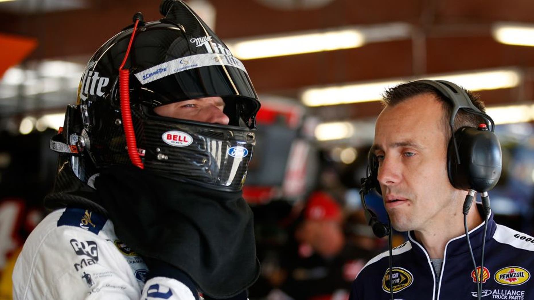 JOLIET, IL - SEPTEMBER 19: Brad Keselowski, driver of the #2 Miller Lite Ford, talks with his crew chief Paul Wolfe during practice for the NASCAR Sprint Cup Series MyAFibRisk.com 400 at Chicagoland Speedway on September 19, 2015 in Joliet, Illinois. (Photo by Todd Warshaw/NASCAR via Getty Images)