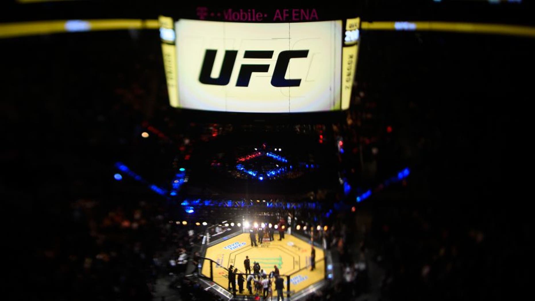LAS VEGAS, NV - JULY 09: (EDITORS NOTE: Image was created using a variable planed lens.) An overhead view of the Octagon during the UFC 200 event on July 9, 2016 at T-Mobile Arena in Las Vegas, Nevada. (Photo by Jeff Bottari/Zuffa LLC/Zuffa LLC via Getty Images)