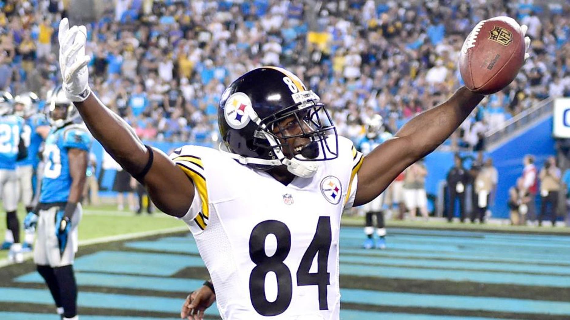 Sep 21, 2014; Charlotte, NC, USA; Pittsburgh Steelers wide receiver Antonio Brown (84) reacts after scoring a touchdown in the third quarter at Bank of America Stadium. Mandatory Credit: Bob Donnan-USA TODAY Sports