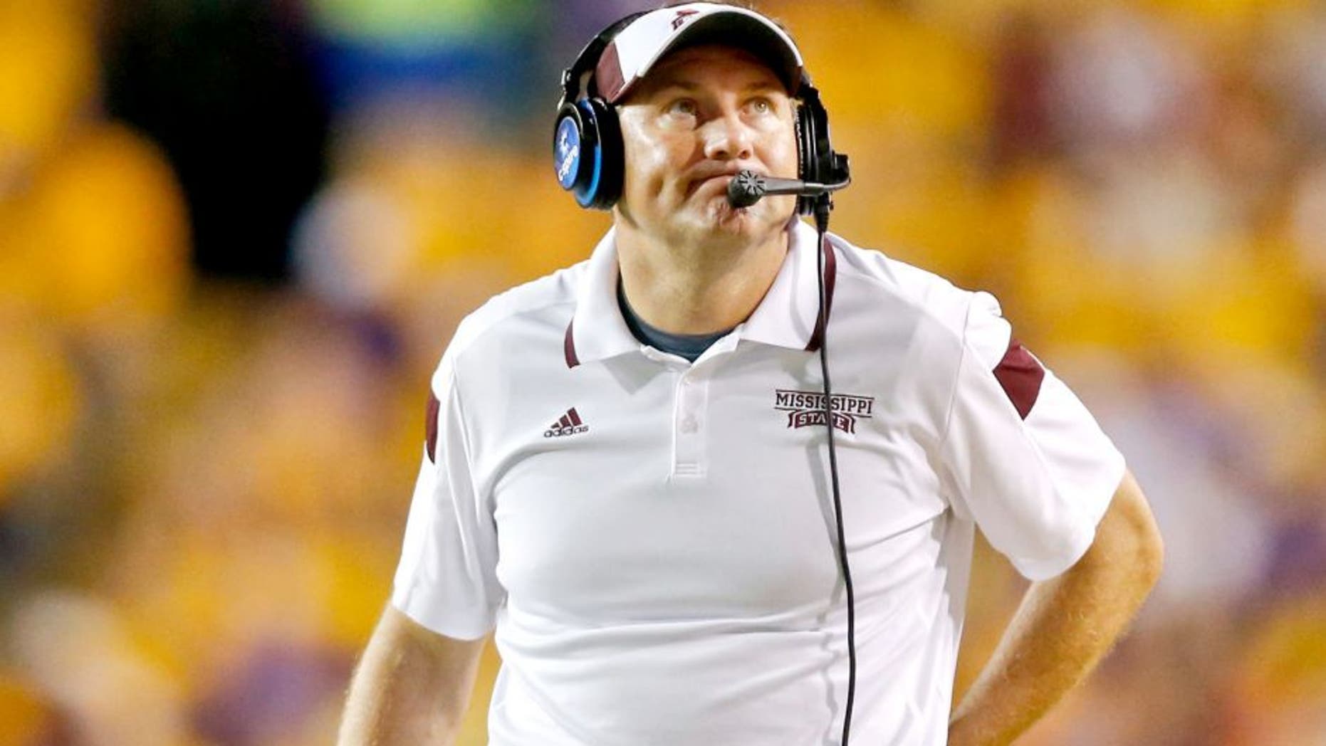 Sep 20, 2014; Baton Rouge, LA, USA; Mississippi State Bulldogs head coach Dan Mullen during the second quarter of a game against the LSU Tigers at Tiger Stadium. Mandatory Credit: Derick E. Hingle-USA TODAY Sports