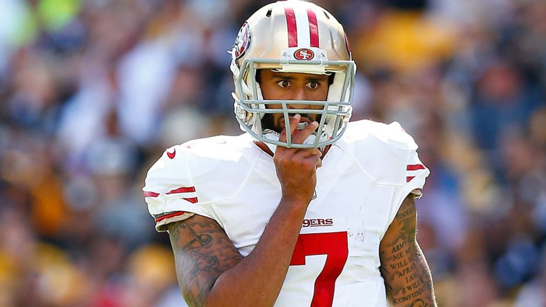 PITTSBURGH, PA - SEPTEMBER 20: Colin Kaepernick #7 of the San Francisco 49ers looks on in the second half against the Pittsburgh Steelers during the game at Heinz Field on September 20, 2015 in Pittsburgh, Pennsylvania. (Photo by Jared Wickerham/Getty Images)