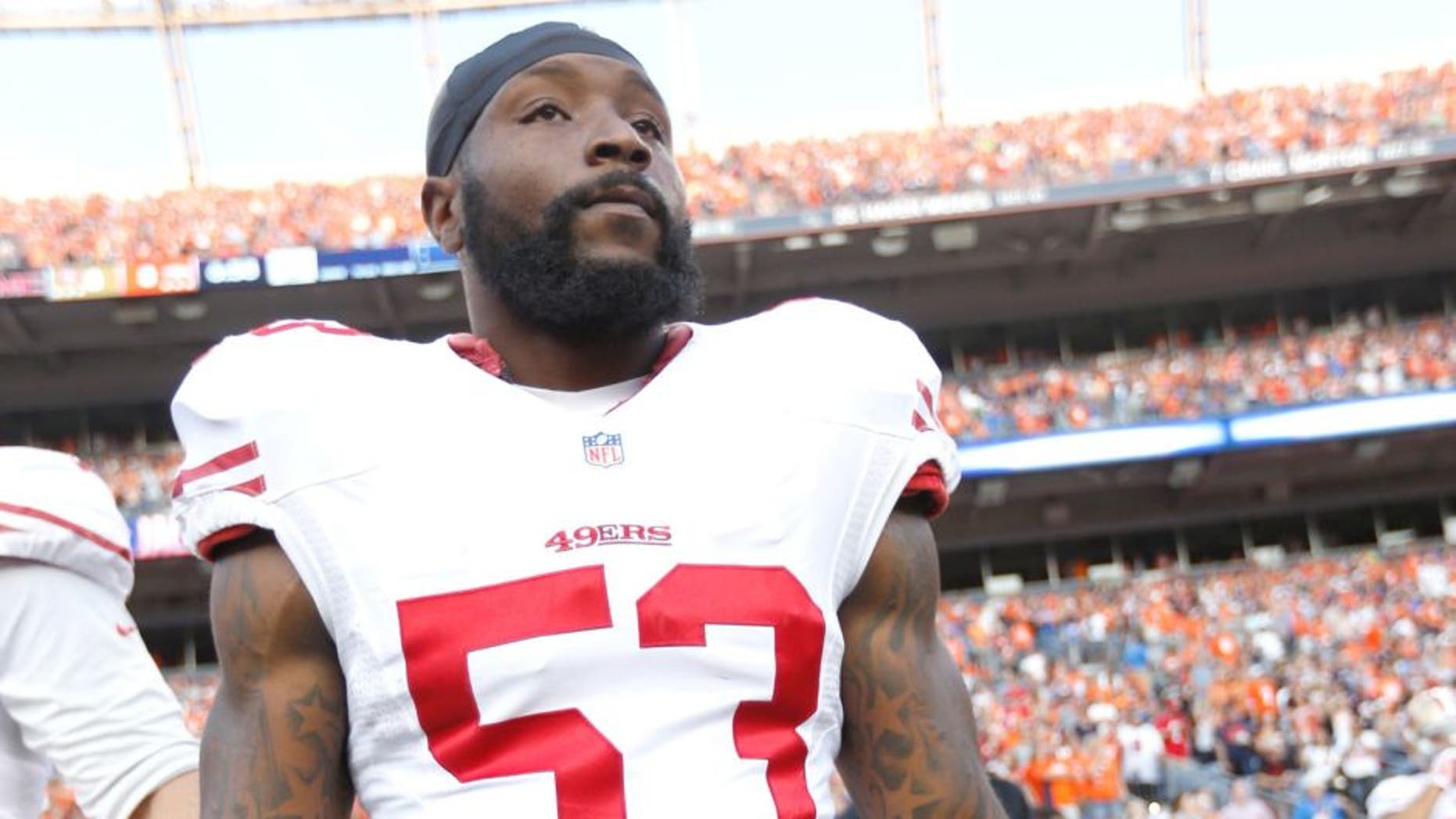 DENVER, CO - AUGUST 29: NaVorro Bowman #53 of the San Francisco 49ers stands on the sideline prior to the game against the Denver Broncos at Sports Authority Field on August 29, 2015 in Denver, Colorado. The Broncos defeated the 49ers 19-12. (Photo by Michael Zagaris/San Francisco 49ers/Getty Images)