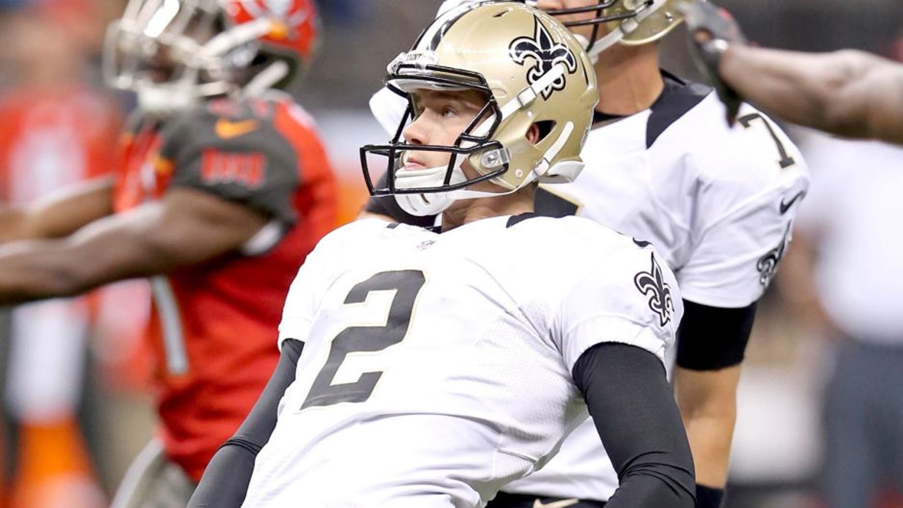 Sep 20, 2015; New Orleans, LA, USA; New Orleans Saints kicker Zach Hocker (2) watches a field goal attempt in the second half against the Tampa Bay Buccaneers at the Mercedes-Benz Superdome. It was no good. The Tampa Bay Buccaneers won, 23-19.Mandatory Credit: Chuck Cook-USA TODAY Sports