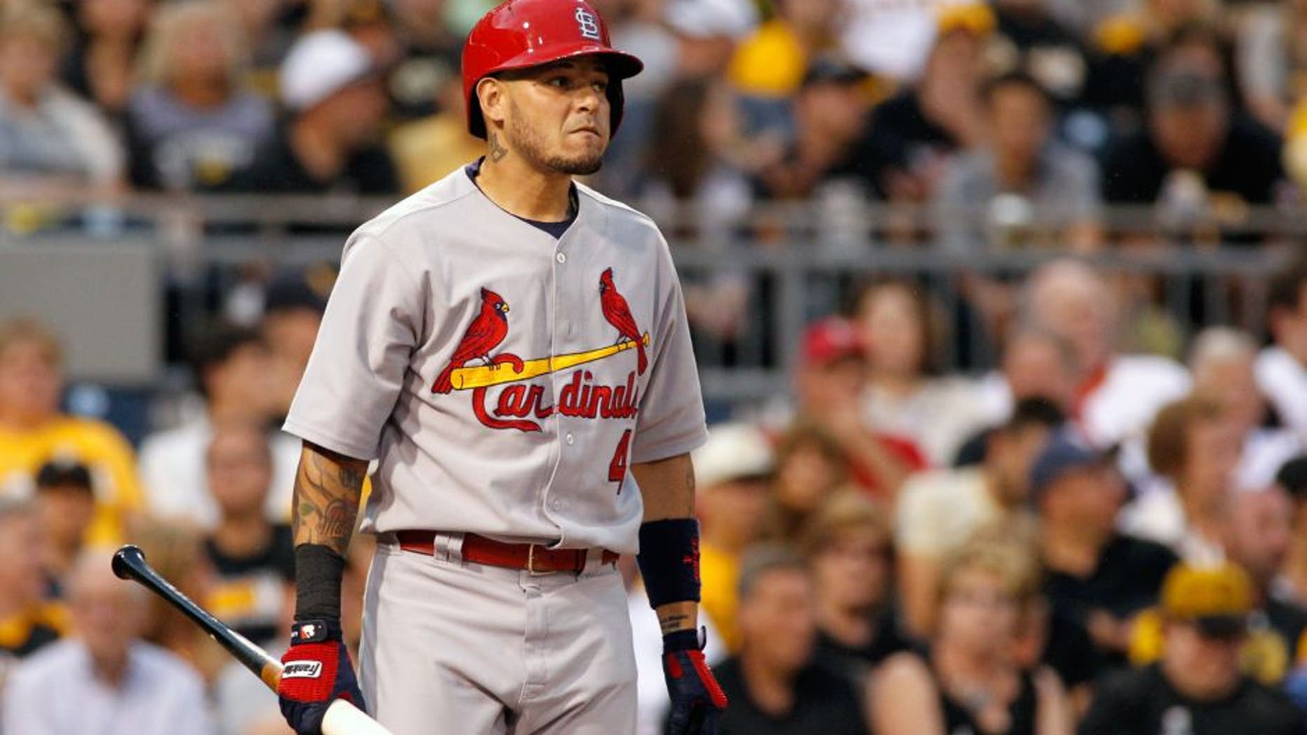 PITTSBURGH, PA - JULY 12: Yadier Molina #4 of the St. Louis Cardinals bats during the game against the Pittsburgh Pirates at PNC Park on July 12, 2015 in Pittsburgh, Pennsylvania. (Photo by Justin K. Aller/Getty Images)