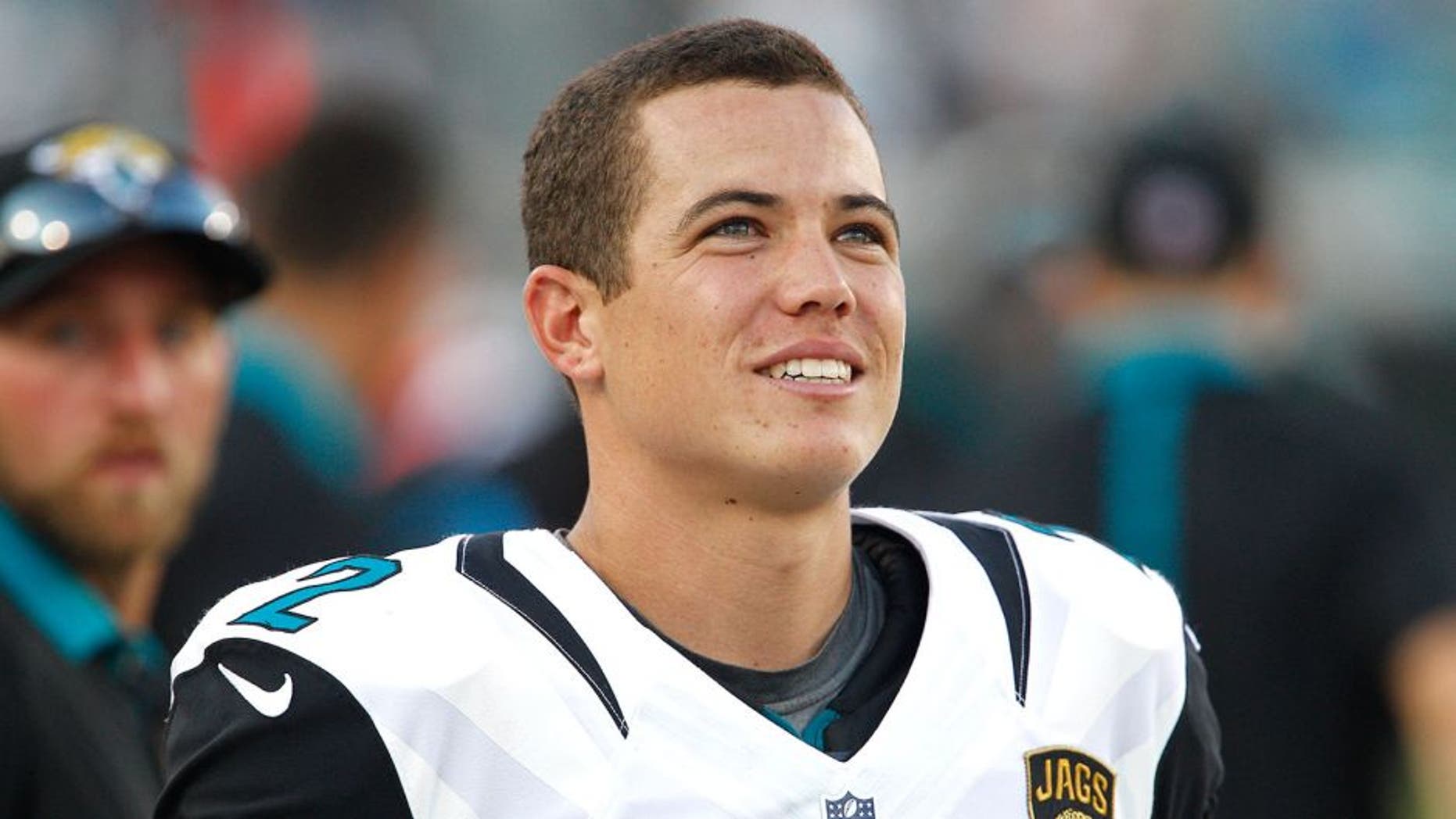 Sep 20, 2015; Jacksonville, FL, USA; Jacksonville Jaguars kicker Jason Myers (2) kicked the game winning field goal during the second half of an NFL Football game against the Miami Dolphins at EverBank Field. The Jacksonville Jaguars won 23-20. Mandatory Credit: Reinhold Matay-USA TODAY Sports