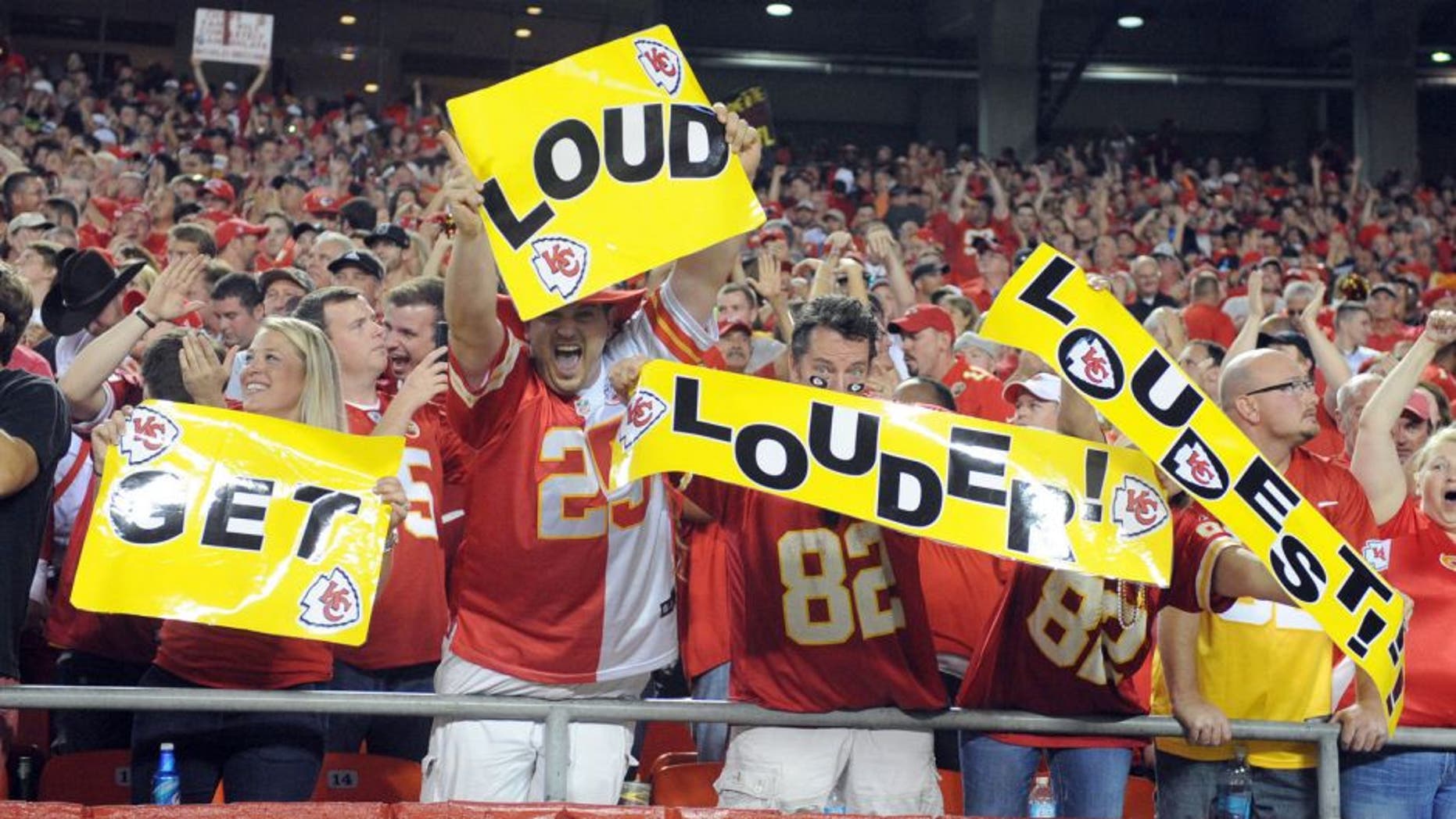 Sep 29, 2014; Kansas City, MO, USA; Kansas City Chiefs fans cheer in the first half against the New England Patriots at Arrowhead Stadium. Kansas City won 41-14. Mandatory Credit: John Rieger-USA TODAY Sports