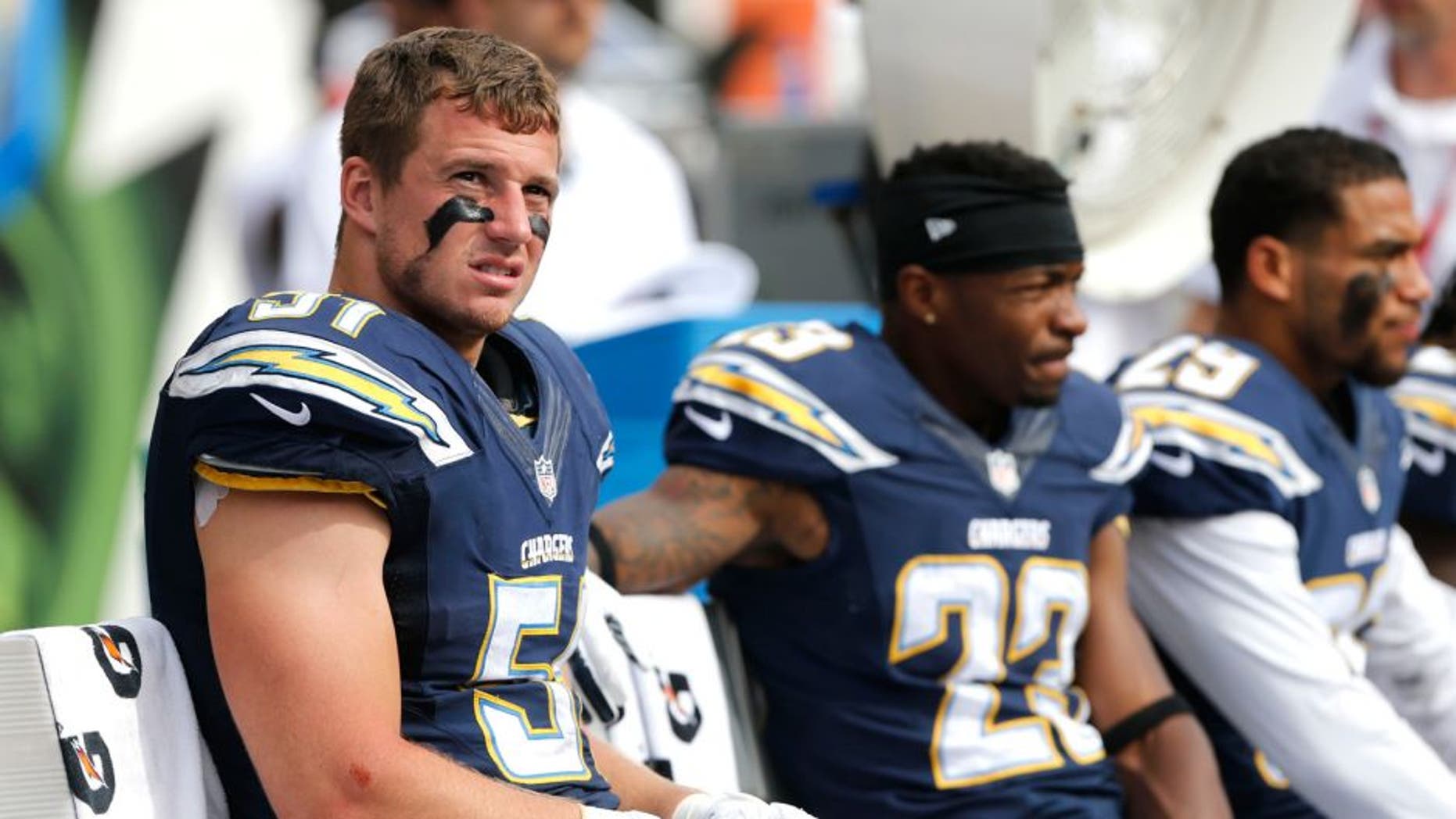 Sep 20, 2015; Cincinnati, OH, USA; San Diego Chargers outside linebacker Kyle Emanuel (51) looks on from the sidelines in the second half against the Cincinnati Bengals at Paul Brown Stadium. The Bengals won 24-19. Mandatory Credit: Aaron Doster-USA TODAY Sports
