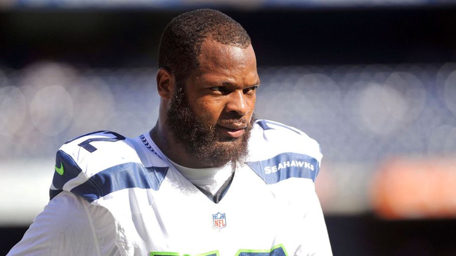 Aug 29, 2015; San Diego, CA, USA; Seattle Seahawks defensive end Michael Bennett (72) before the game against the San Diego Chargers at Qualcomm Stadium. Mandatory Credit: Orlando Ramirez-USA TODAY Sports