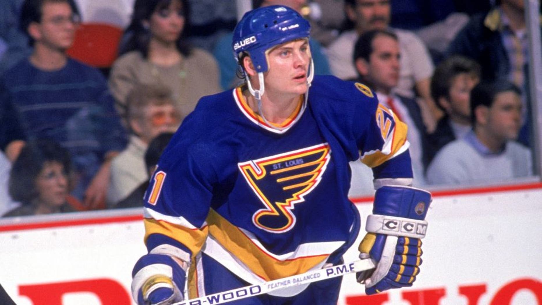 NOVEMBER - 1988: Todd Ewen #21 of the St. Louis Blues skates during a game in November of 1988. (Photo by Bruce Bennett Studios/Getty Images)