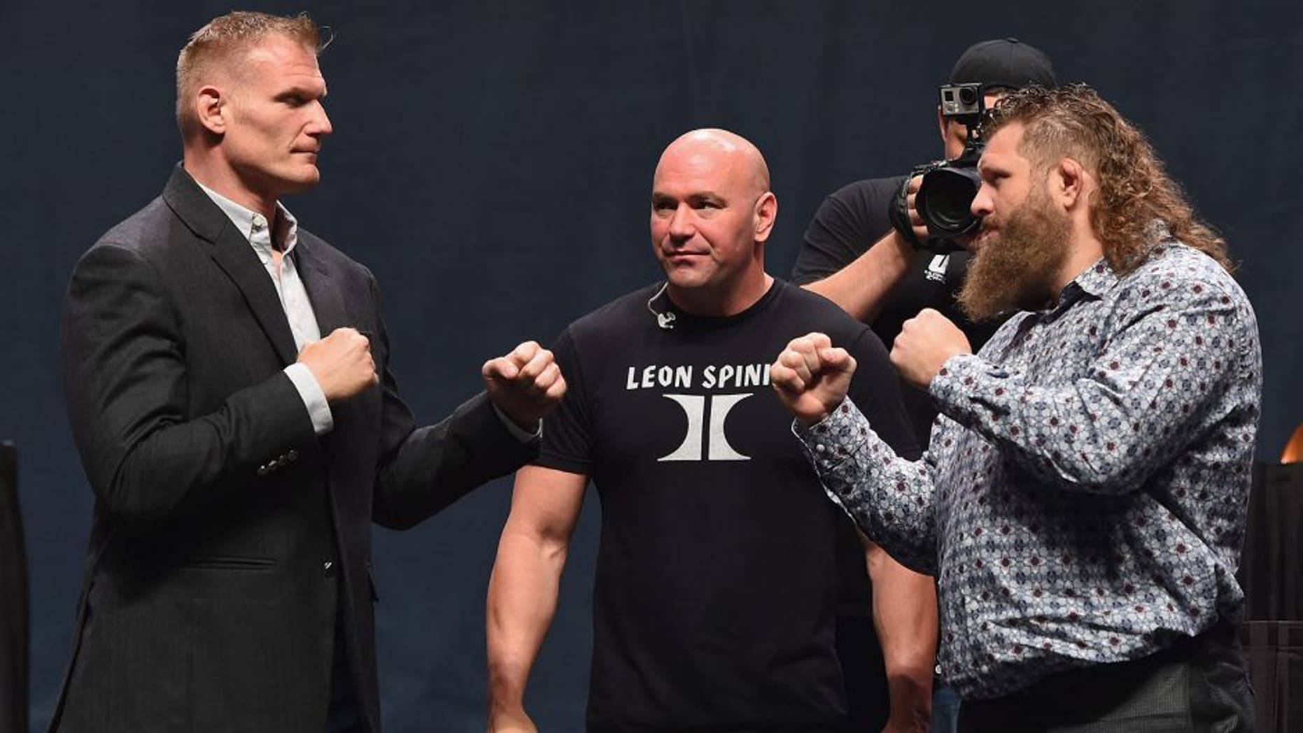 LAS VEGAS, NV - SEPTEMBER 04: (L-R) Josh Barnett and Roy Nelson face off during the UFC's Go Big launch event inside MGM Grand Garden Arena on September 4, 2015 in Las Vegas, Nevada. (Photo by Josh Hedges/Zuffa LLC/Zuffa LLC via Getty Images)
