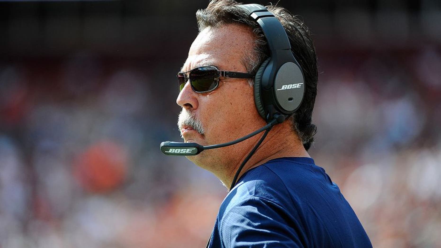 Sep 20, 2015; Landover, MD, USA; St. Louis Rams head coach Jeff Fisher looks on against the Washington Redskins during the second half at FedEx Field. The Washington Redskins won 24 - 10. Mandatory Credit: Brad Mills-USA TODAY Sports