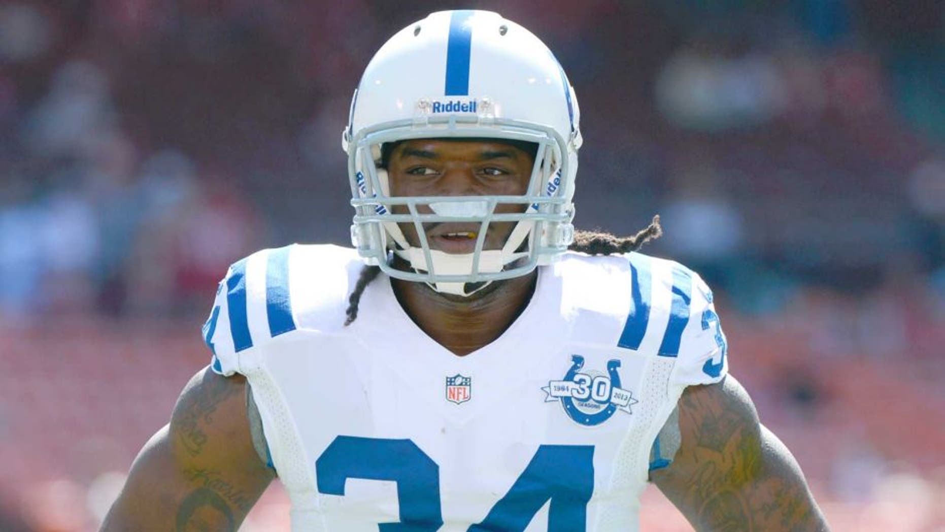 September 22, 2013; San Francisco, CA, USA; Indianapolis Colts running back Trent Richardson (34) looks on during warm ups before the game against the San Francisco 49ers at Candlestick Park. Mandatory Credit: Kyle Terada-USA TODAY Sports