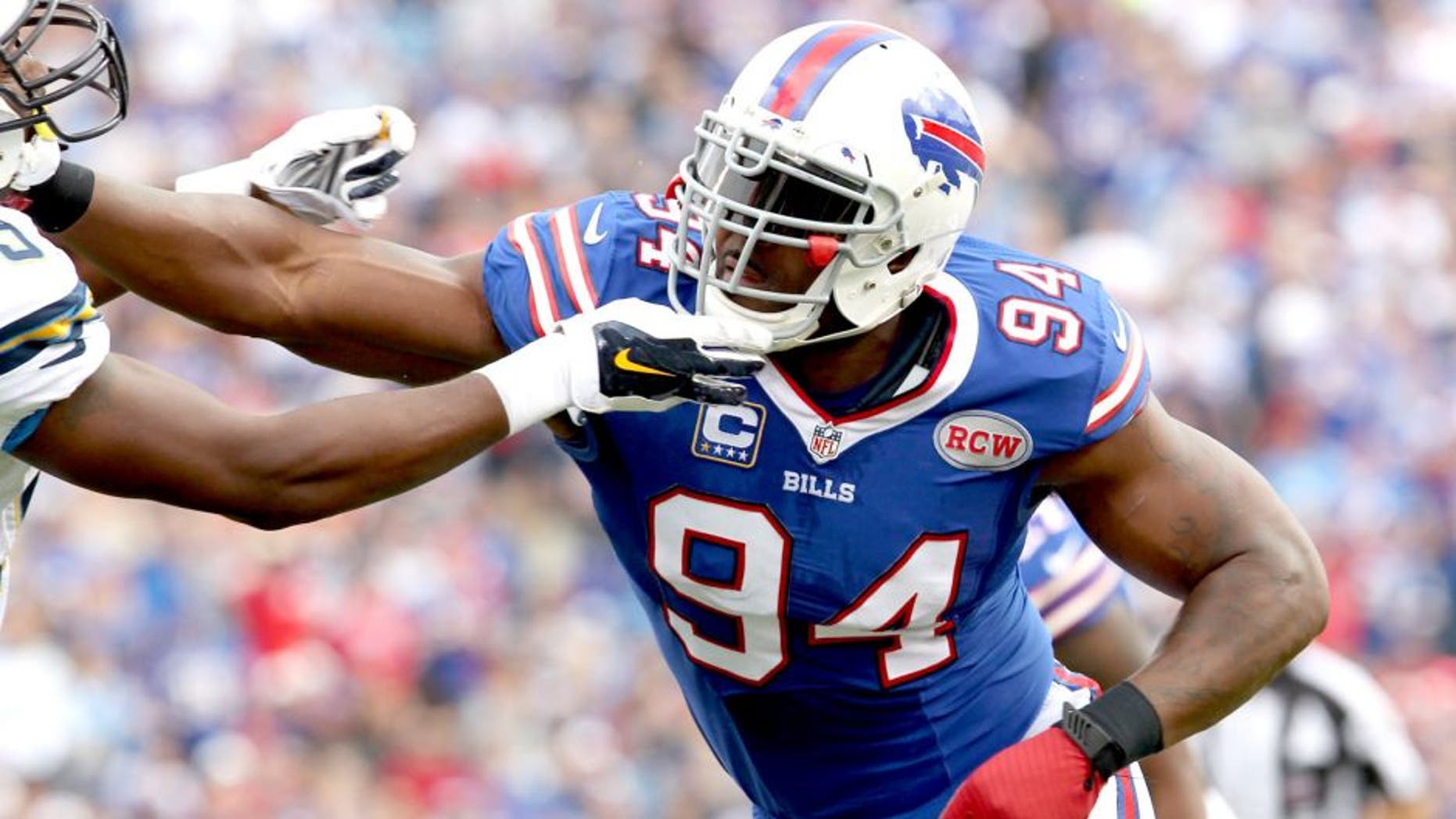 Sep 21, 2014; Orchard Park, NY, USA; Buffalo Bills defensive end Mario Williams (94) during the first half against the San Diego Chargers at Ralph Wilson Stadium. Mandatory Credit: Timothy T. Ludwig-USA TODAY Sports