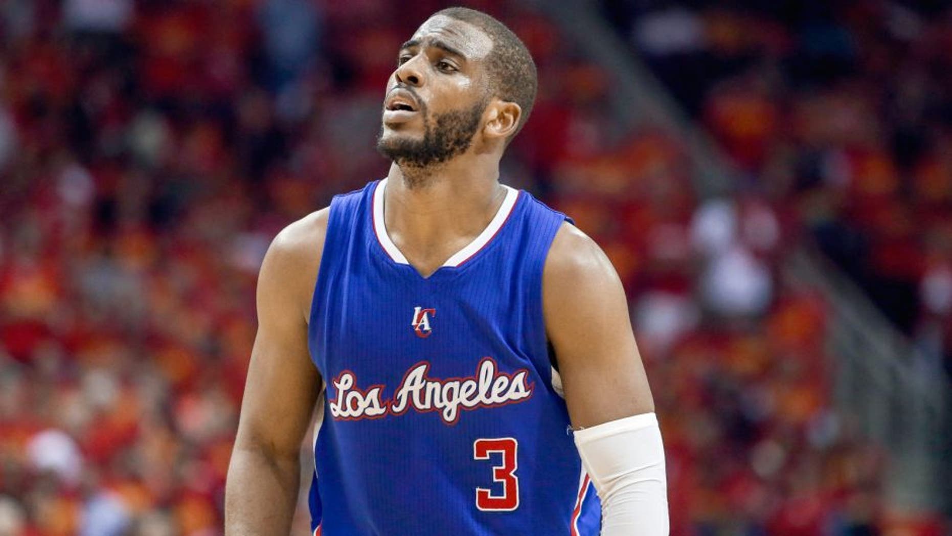 May 17, 2015; Houston, TX, USA; Los Angeles Clippers guard Chris Paul (3) reacts after a play during the fourth quarter against the Houston Rockets in game seven of the second round of the NBA Playoffs at Toyota Center. The Rockets defeated the Clippers 113-100 to win the series 4-3. Mandatory Credit: Troy Taormina-USA TODAY Sports