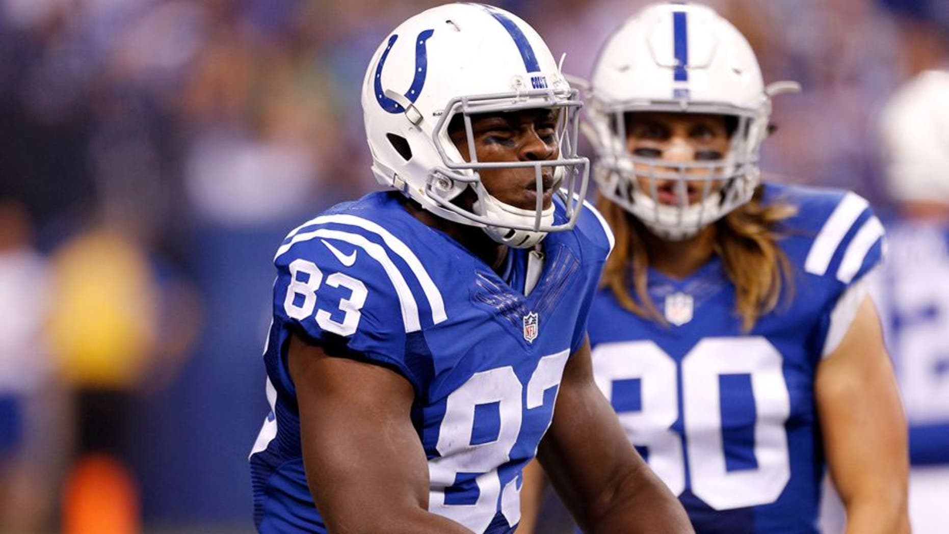 Sep 21, 2015; Indianapolis, IN, USA; Indianapolis Colts tight end Dwayne Allen (83) reacts to a holding call during a game against the New York Jets at Lucas Oil Stadium. Mandatory Credit: Brian Spurlock-USA TODAY Sports