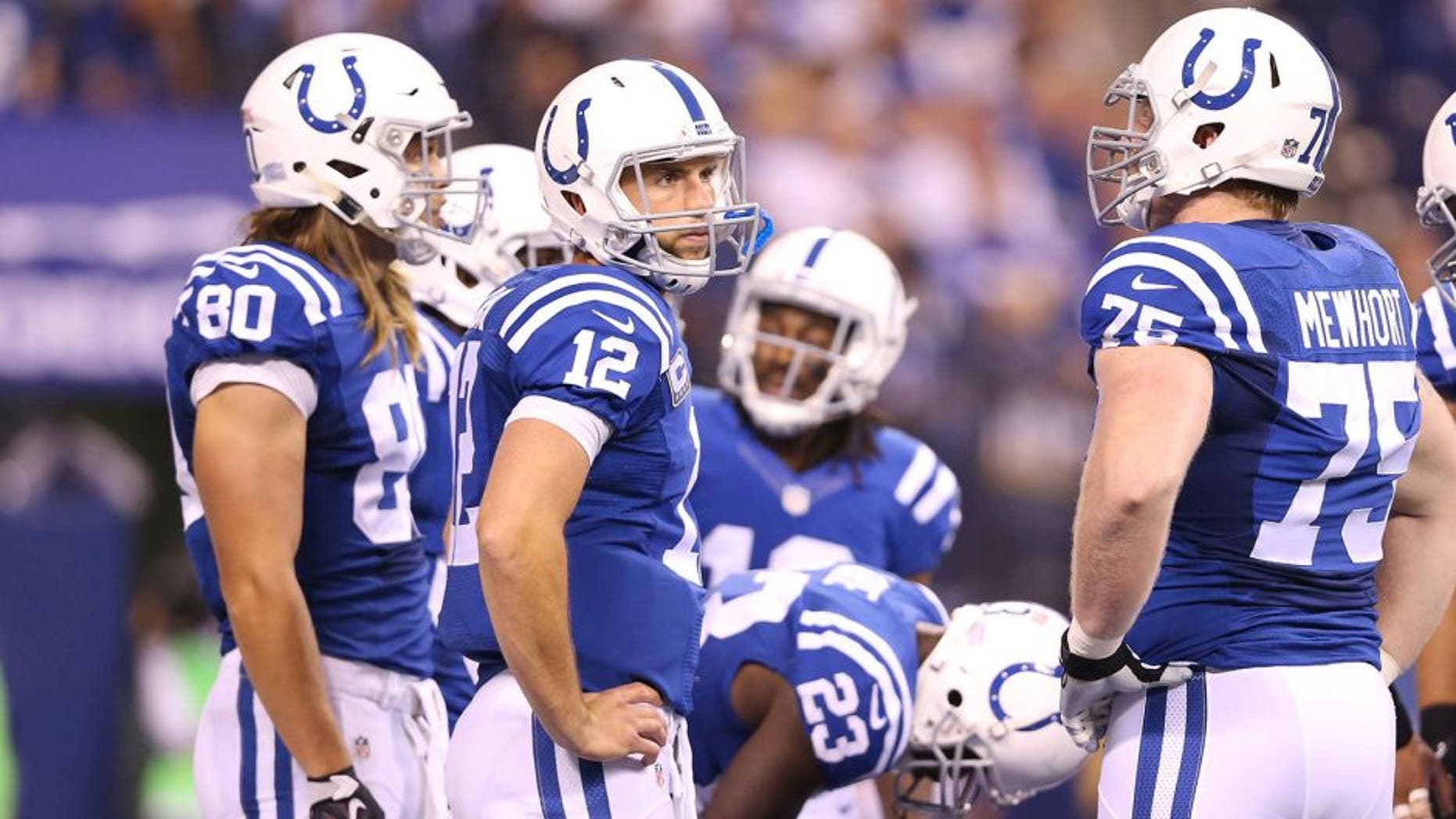 INDIANAPOLIS, IN - SEPTEMBER 21: Andrew Luck of the Indianapolis Colts looks to the bench during the game against the New York Jets at Lucas Oil Stadium on September 21, 2015 in Indianapolis, Indiana. (Photo by Andy Lyons/Getty Images)