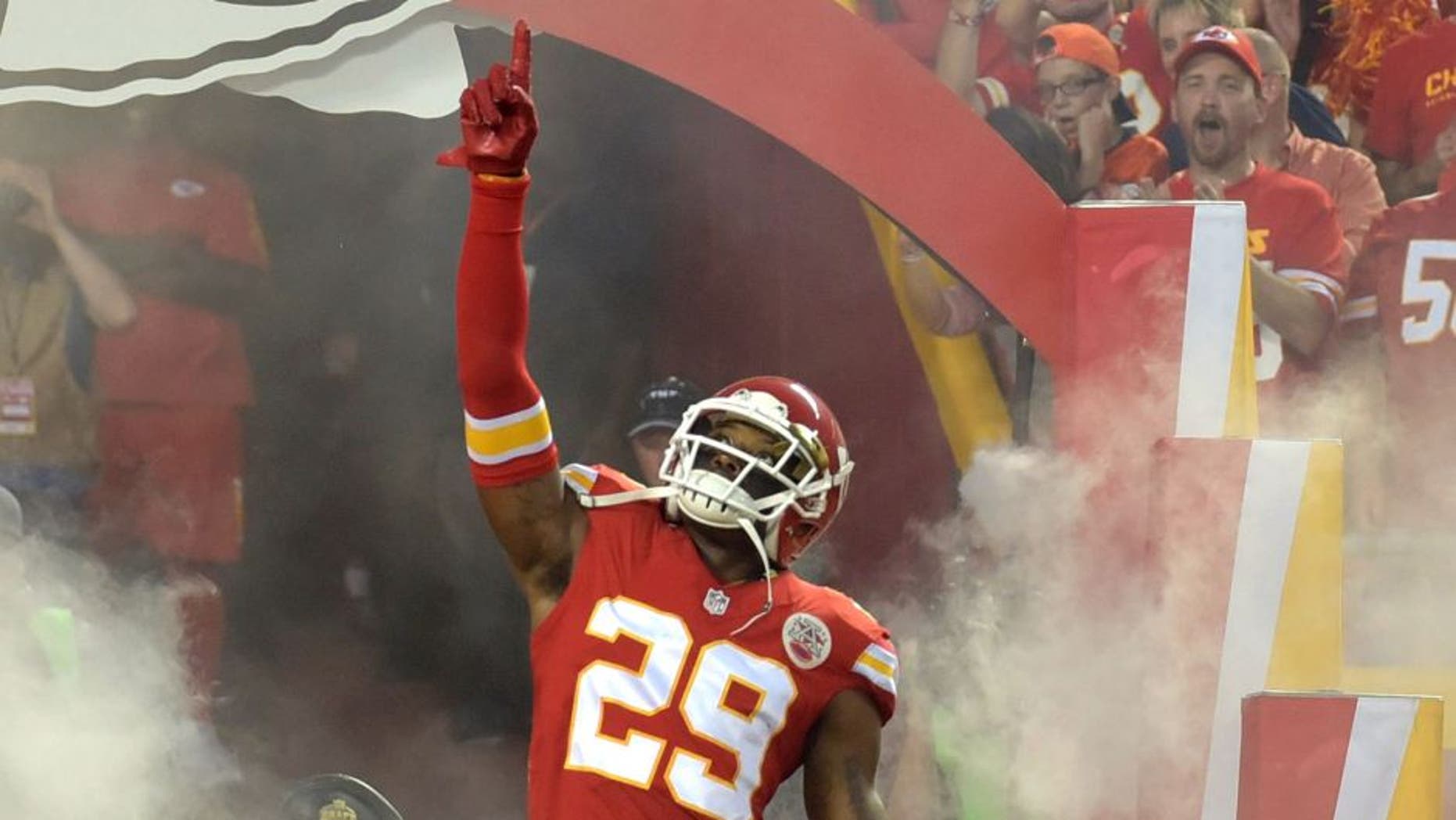 Sep 17, 2015; Kansas City, MO, USA; Kansas City Chiefs strong safety Eric Berry (29) enters the field before the game against the Denver Broncos at Arrowhead Stadium. The Broncos won 31-24. Mandatory Credit: Denny Medley-USA TODAY Sports