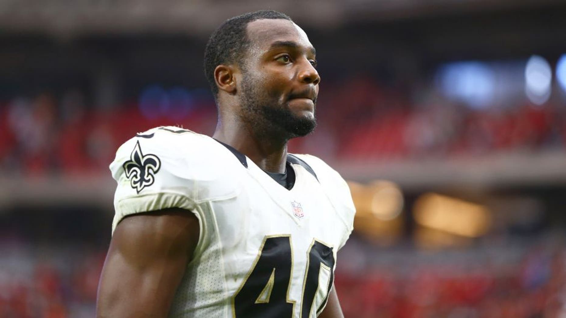 Sep 13, 2015; Glendale, AZ, USA; New Orleans Saints cornerback Delvin Breaux against the Arizona Cardinals at University of Phoenix Stadium. Mandatory Credit: Mark J. Rebilas-USA TODAY Sports