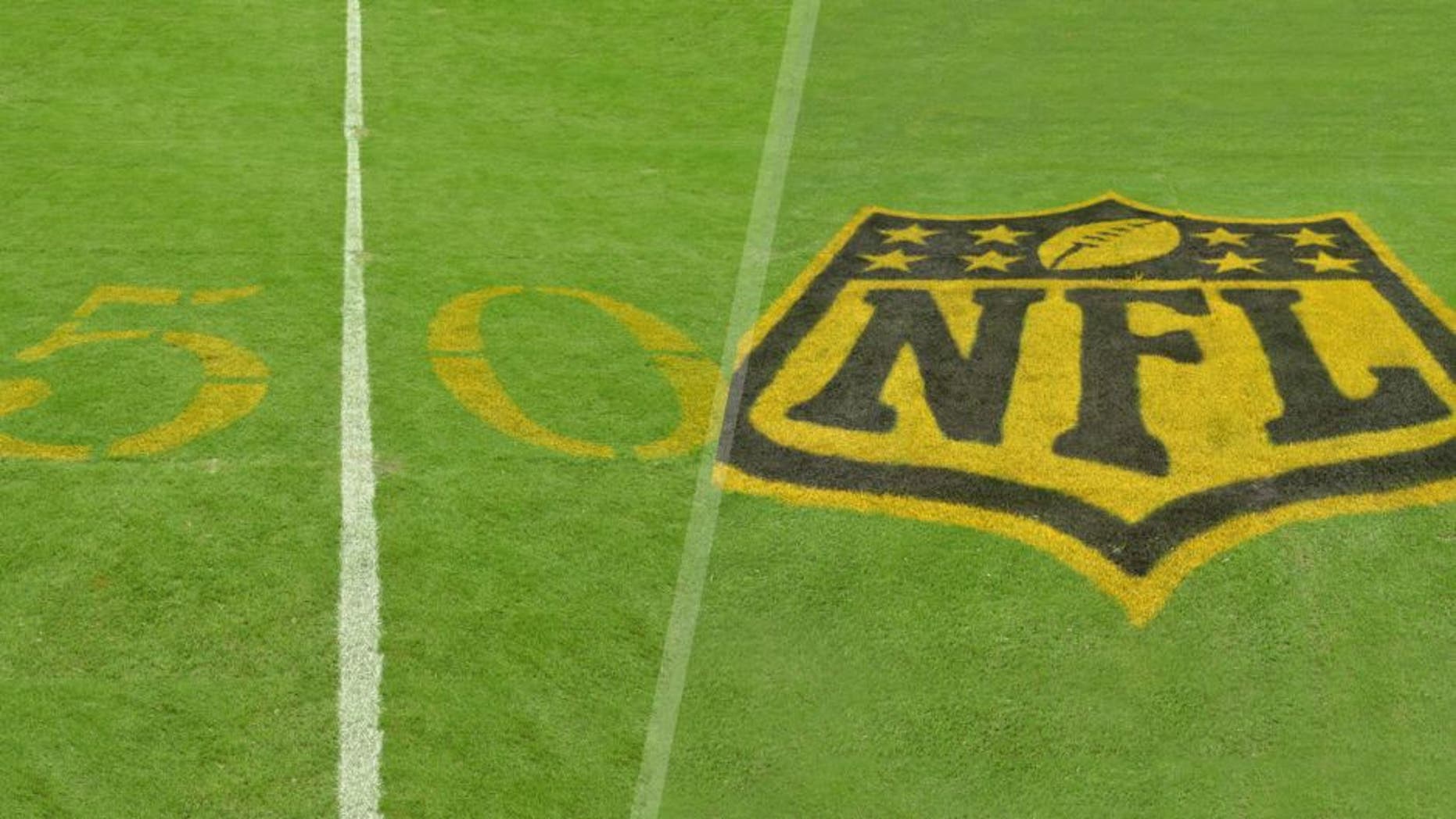 Aug 15, 2015; Houston, TX, USA; General view of golden numerals on the 50-yard line to commemorate Super Bowl 50 during the preseason NFL game between San Francisco 49ers and the Houston Texans at NRG Stadium. Mandatory Credit: Kirby Lee-USA TODAY Sports Aug 15, 2015; Houston, TX, USA; General view of golden NFL shield logo in the end zone to commemorate Super Bowl 50 during the preseason NFL game between San Francisco 49ers and the Houston Texans at NRG Stadium. Mandatory Credit: Kirby Lee-USA TODAY Sports