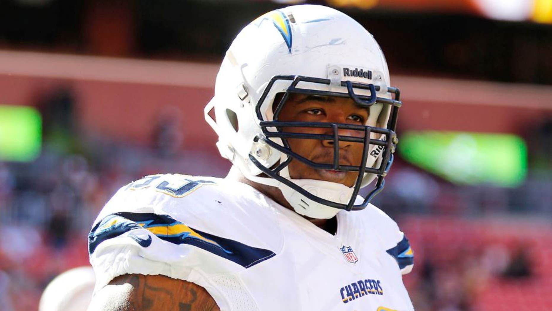 Nov 3, 2013; Landover, MD, USA; San Diego Chargers guard Johnnie Troutman (63) stands on the field prior to the Chargers' game against the Washington Redskins at FedEx Field. Mandatory Credit: Geoff Burke-USA TODAY Sports
