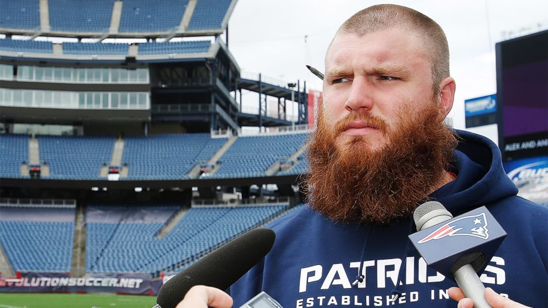 FOXBORO, MA - MAY 15: Bryan Stork from Florida State, a fourth-round draft selection, speaks to the media during the New England Patriots Rookie Minicamp at Gillette Stadium on May 15, 2014 in Foxboro, Massachusetts. (Photo by Jim Rogash/Getty Images)