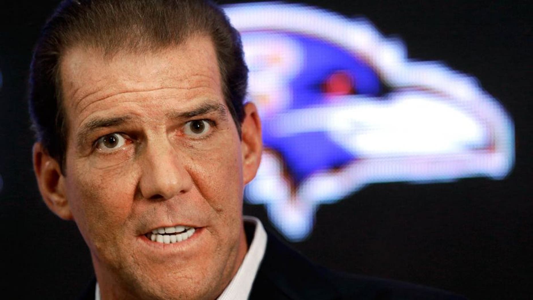 Baltimore Ravens owner Steve Bisciotti addresses the controversy surrounding former running back Ray Rice at an NFL football news conference, Monday, Sept. 22, 2014, in Owings Mills, Md. (AP Photo/Patrick Semansky)