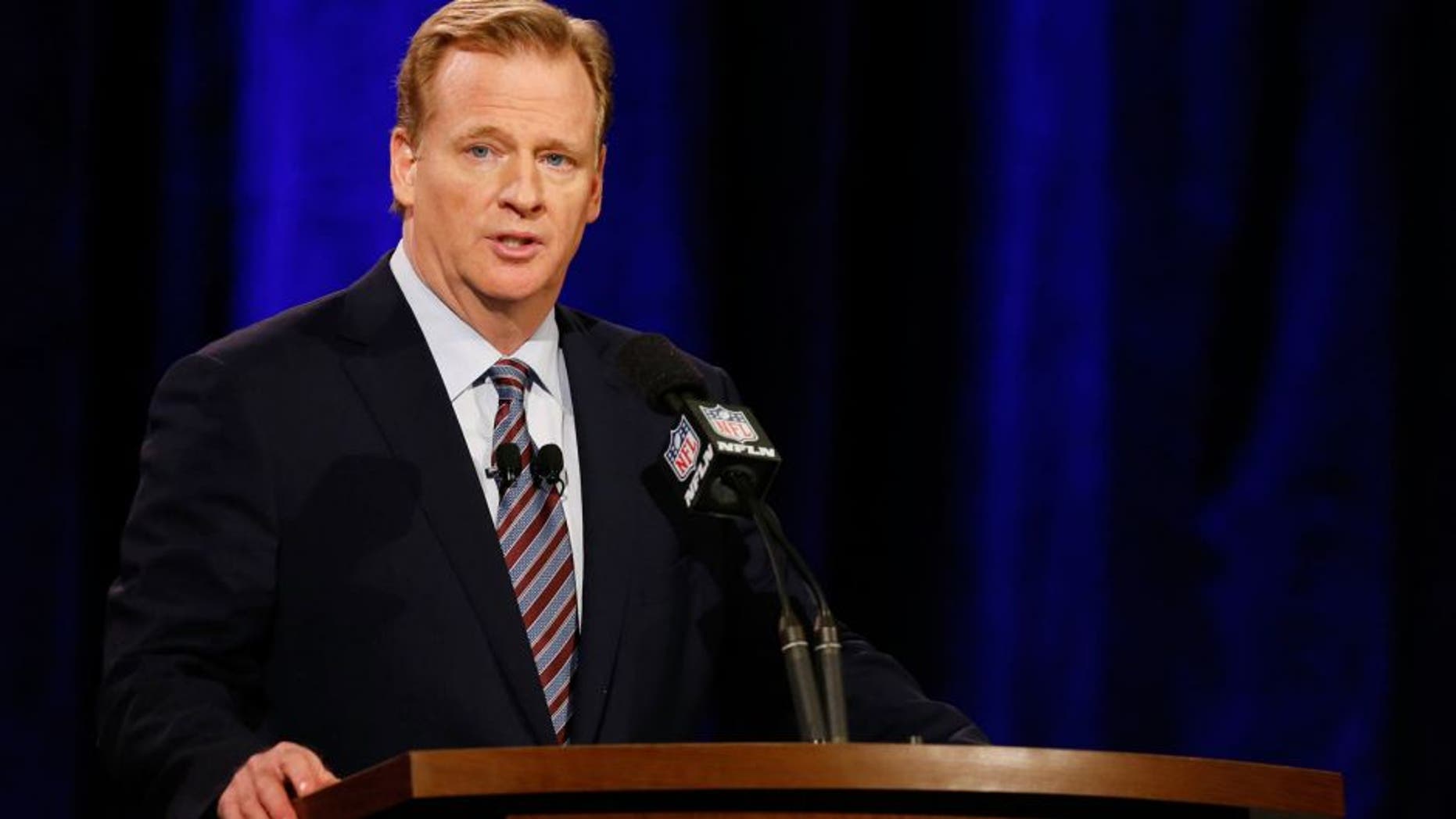Jan 30, 2015; Phoenix, AZ, USA; NFL commissioner Roger Goodell speaks during a press conference for Super Bowl XLIX at the Phoenix Convention Center. Mandatory Credit: Matthew Emmons-USA TODAY Sports