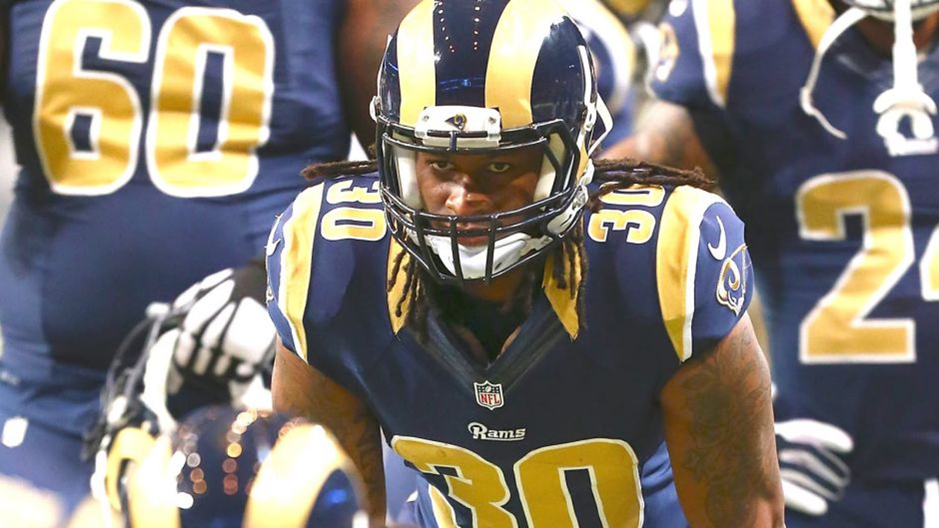 ST. LOUIS, MO - AUGUST 29: Todd Gurley #30 of the St. Louis Rams lines up during warm ups prior to playing against the Indianapolis Colts in a preseason game at the Edward Jones Dome on August 29, 2014 in St. Louis, Missouri. (Photo by Dilip Vishwanat/Getty Images)