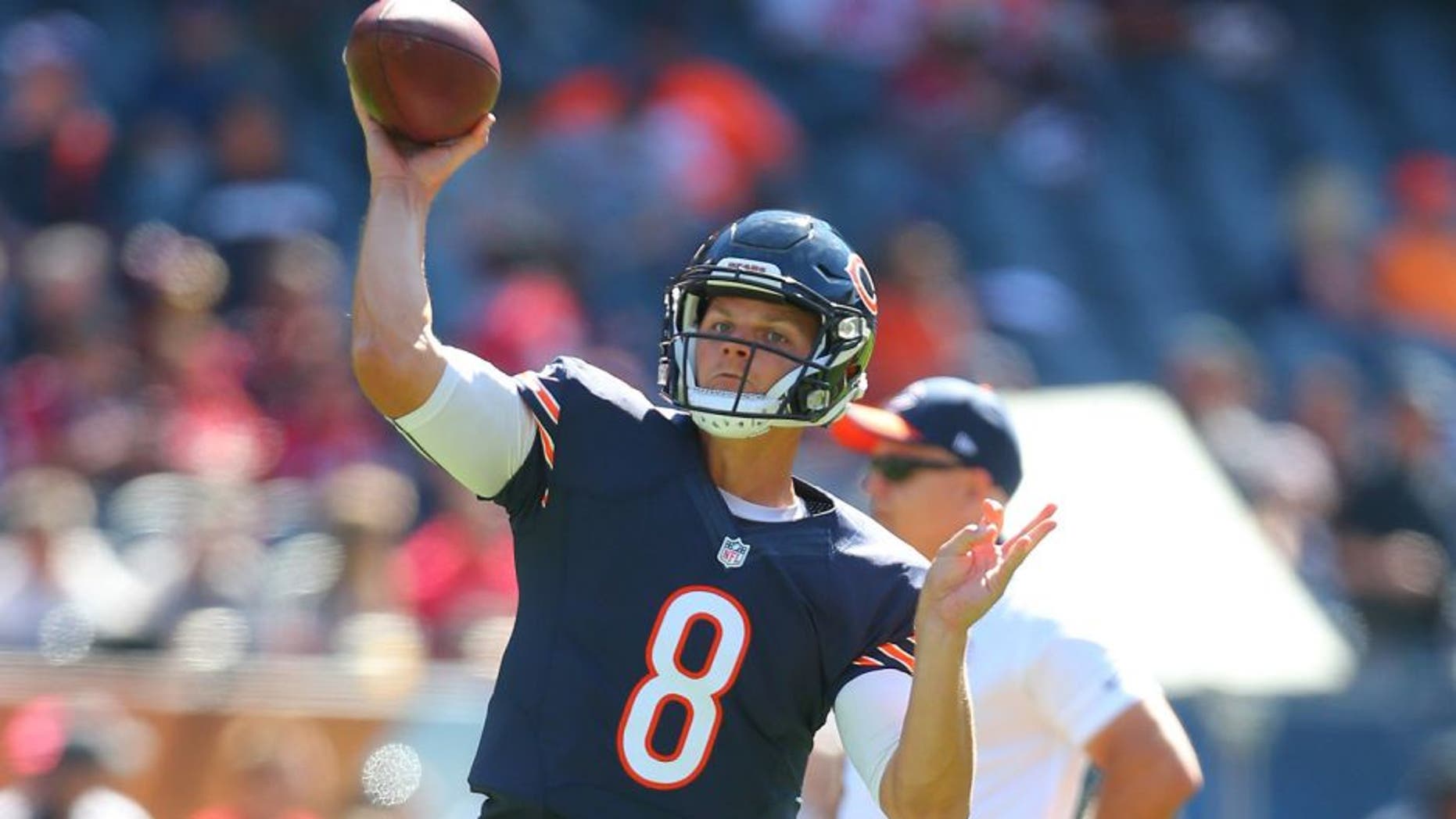 Sep 20, 2015; Chicago, IL, USA; Chicago Bears quarterback Jimmy Clausen (8) warms up prior to a game against the Arizona Cardinals at Soldier Field. Mandatory Credit: Dennis Wierzbicki-USA TODAY Sports
