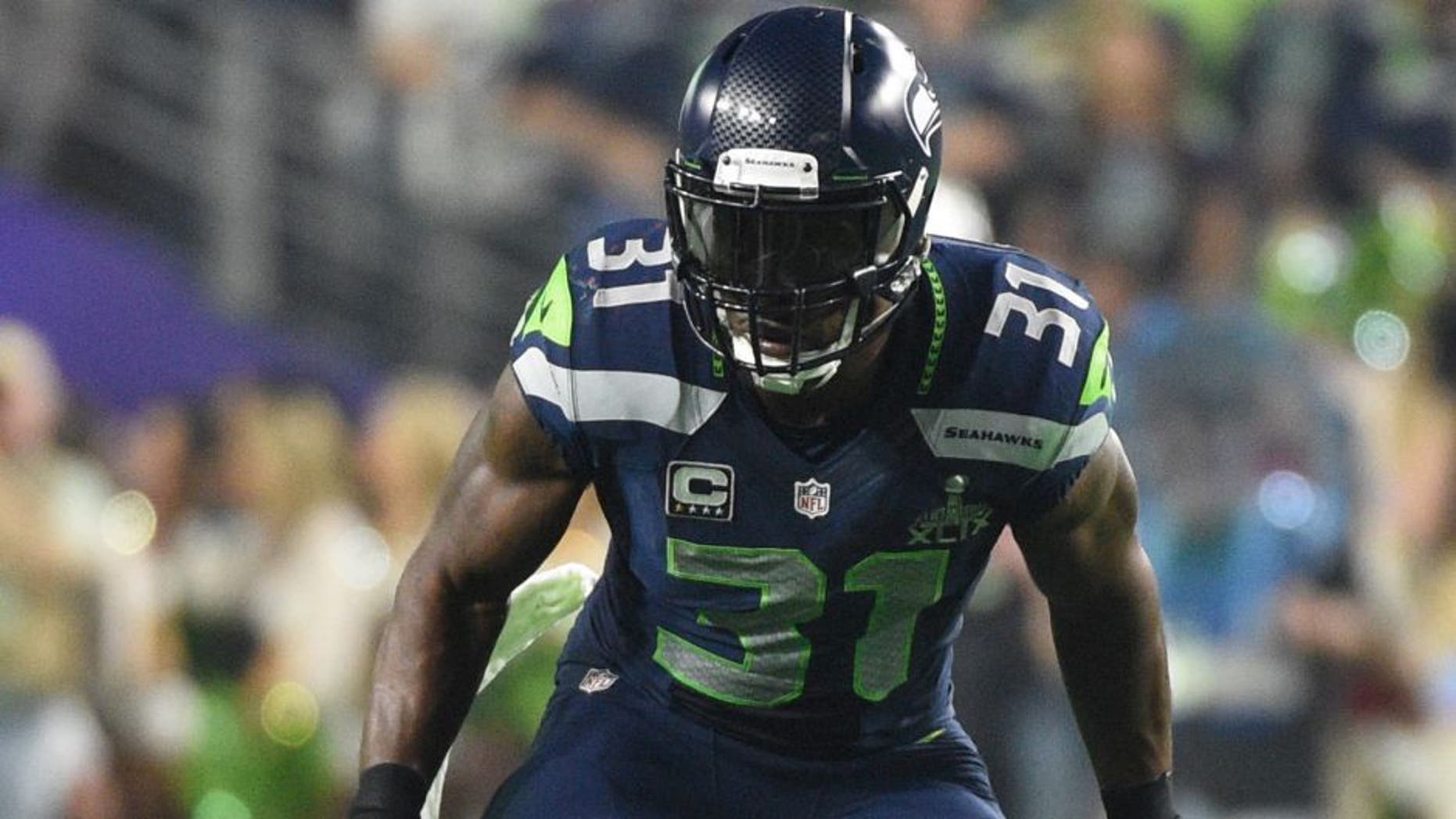 Feb 1, 2015; Glendale, AZ, USA; Seattle Seahawks strong safety Kam Chancellor (31) during Super Bowl XLIX against the New England Patriots at University of Phoenix Stadium. The Patriots defeated the Seahawks 28-24. Mandatory Credit: Kyle Terada-USA TODAY Sports