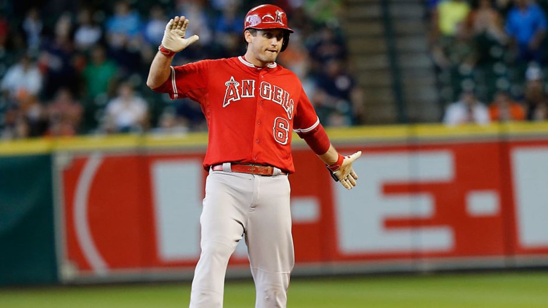 Sep 23, 2015; Houston, TX, USA; Los Angeles Angels third baseman David Freese (6) reacts after hitting a two run RBI double against the Houston Astros in the eighth inning at Minute Maid Park. Mandatory Credit: Thomas B. Shea-USA TODAY Sports