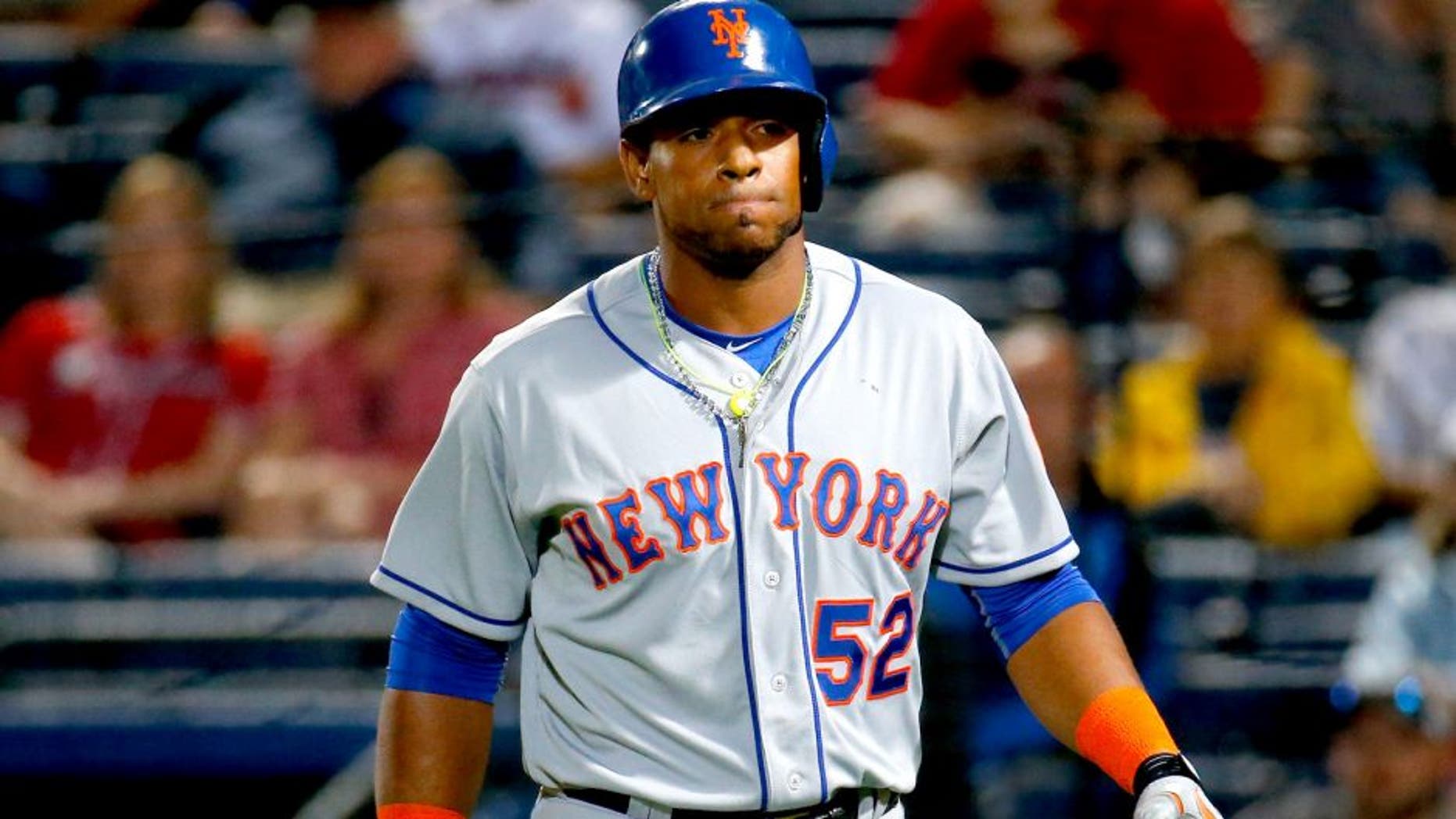 ATLANTA, GA - SEPTEMBER 10: Yoenis Cespedes #52 of the New York Mets reacts after he grounded out softly against the Atlanta Braves in the first inning at Turner Field on September 10, 2015 in Atlanta, Georgia. (Photo by Kevin C. Cox/Getty Images)