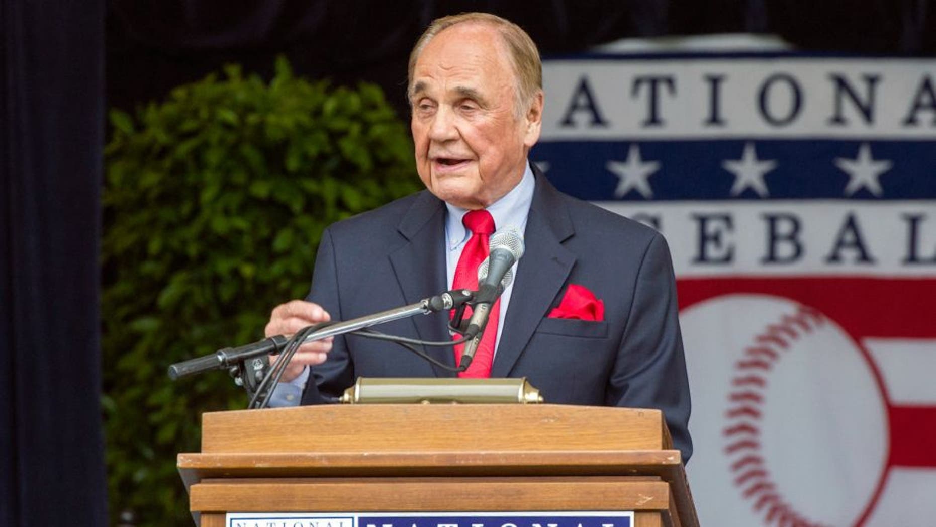 Jul 25, 2015; Cooperstown, NY, USA; San Diego Padres broadcaster Dick Enberg reacts as he makes his acceptance speech after receiving the Ford C. Frick Award for broadcasters at the Awards Presentation at the National Baseball Hall of Fame. Mandatory Credit: Gregory J. Fisher-USA TODAY Sports