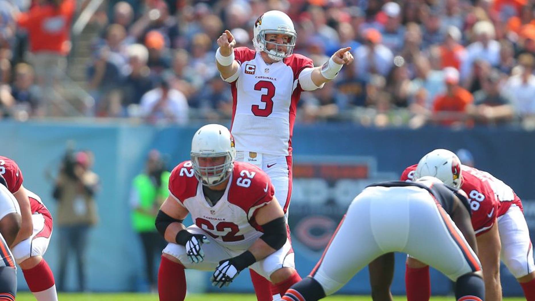 Sep 20, 2015; Chicago, IL, USA; Arizona Cardinals quarterback Carson Palmer (3) calls a play during the first half against the Chicago Bears at Soldier Field. Mandatory Credit: Dennis Wierzbicki-USA TODAY Sports