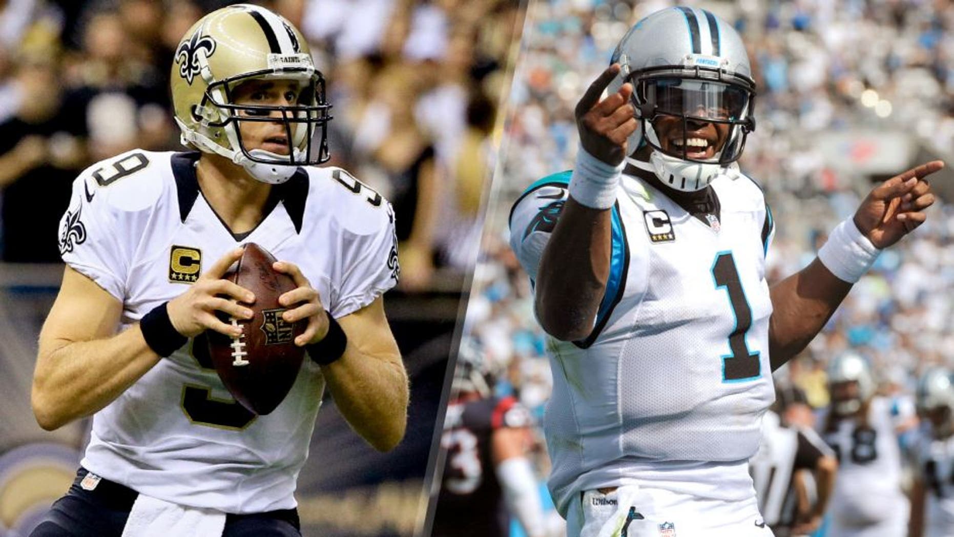 Quarterbacks Drew Brees, left, of New Orelans and Cam Newton of Carolina will play for the NFC South division title Sunday.