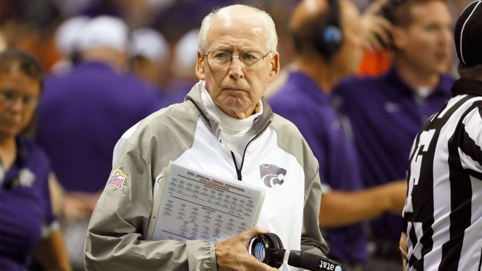 Sep 12, 2015; San Antonio, TX, USA; Kansas State Wildcats head coach Bill Snyder looks on prior to the game against the UTSA Roadrunners at Alamodome. Mandatory Credit: Soobum Im-USA TODAY Sports