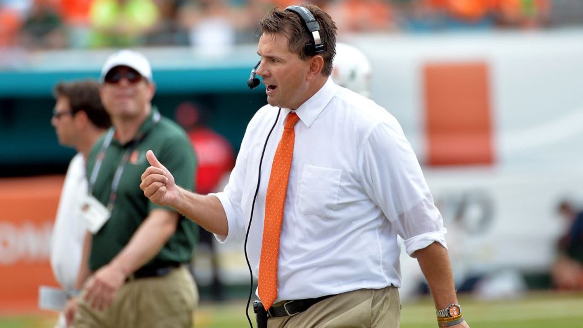 Sep 13, 2014; Miami Gardens, FL, USA; Miami Hurricanes head coach Al Golden reacts on the sideline during the first half against the Arkansas State Red Wolves at Sun Life Stadium. Mandatory Credit: Steve Mitchell-USA TODAY Sports