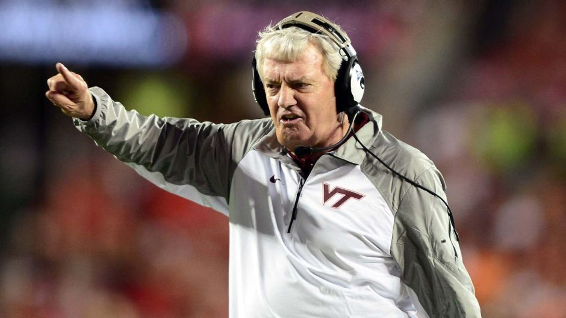 Sep 6, 2014; Columbus, OH, USA; Virginia Tech Hokies head coach Frank Beamer on the sidelines during the third quarter against the Ohio State Buckeyes at Ohio Stadium. Mandatory Credit: Andrew Weber-USA TODAY Sports