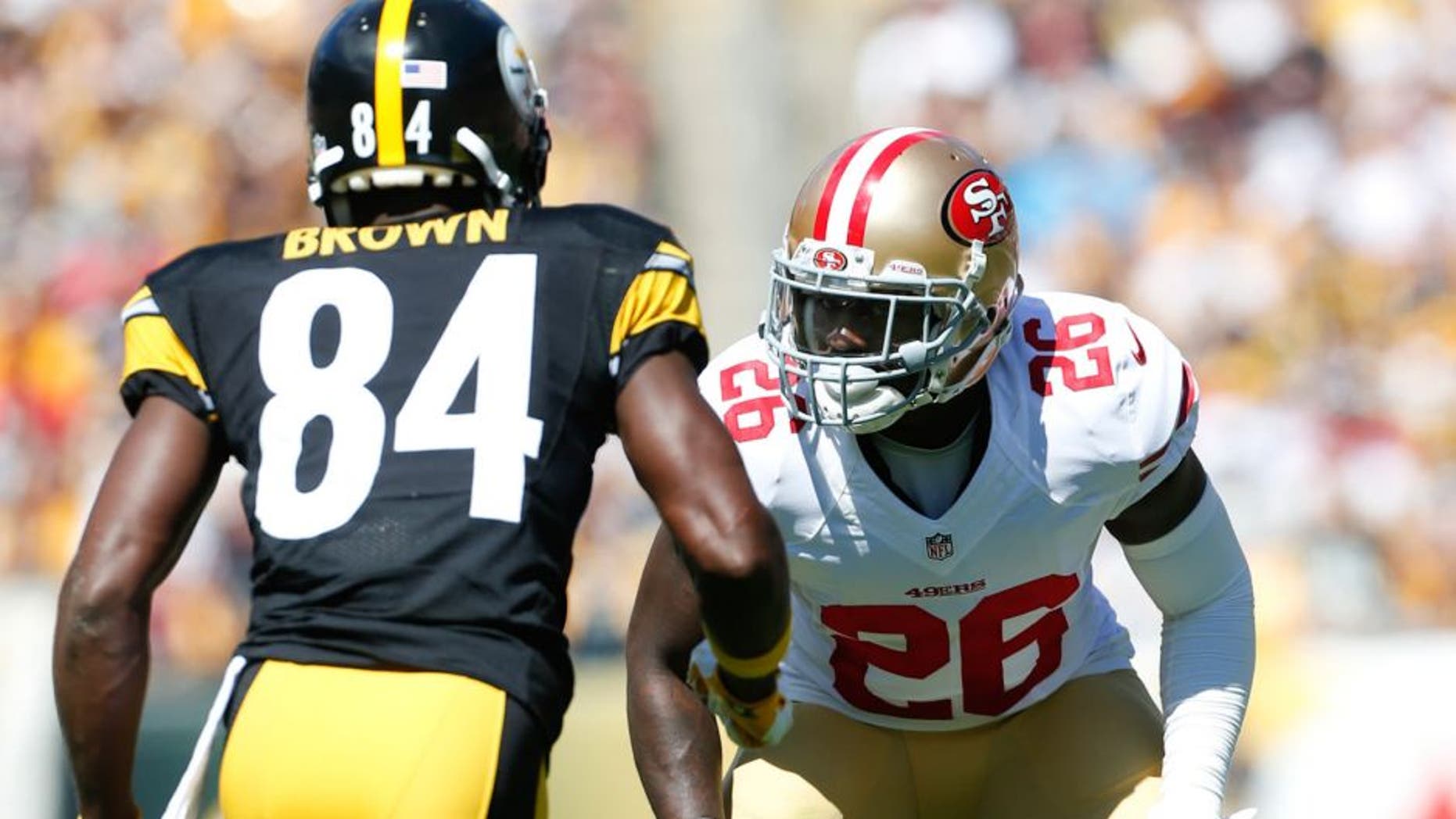 PITTSBURGH, PA - SEPTEMBER 20: Tramaine Brock #26 of the San Francisco 49ers defends during the game against the Pittsburgh Steelers at Heinz Field on September 20, 2015 in Pittsburgh, Pennsylvania. The Steelers defeated the 49ers 43-18. (Photo by Michael Zagaris/San Francisco 49ers/Getty Images)