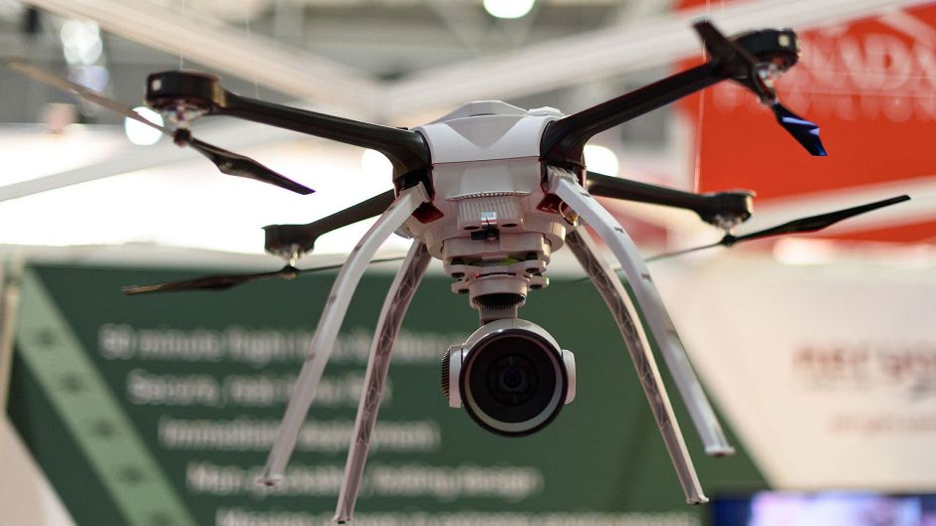 LONDON, ENGLAND - SEPTEMBER 15: A drone is on display at the Aeyron Labs stand during the Defence and Security Exhibition 2015 at ExCel on September 15, 2015 in London, England. This year the Defence and Security Exhibition (DSEI) has over 1,500 exhibitors spanning air, navy and land based military, medial and unmaned systems and equipment (Photo by Ben Pruchnie/Getty Images)